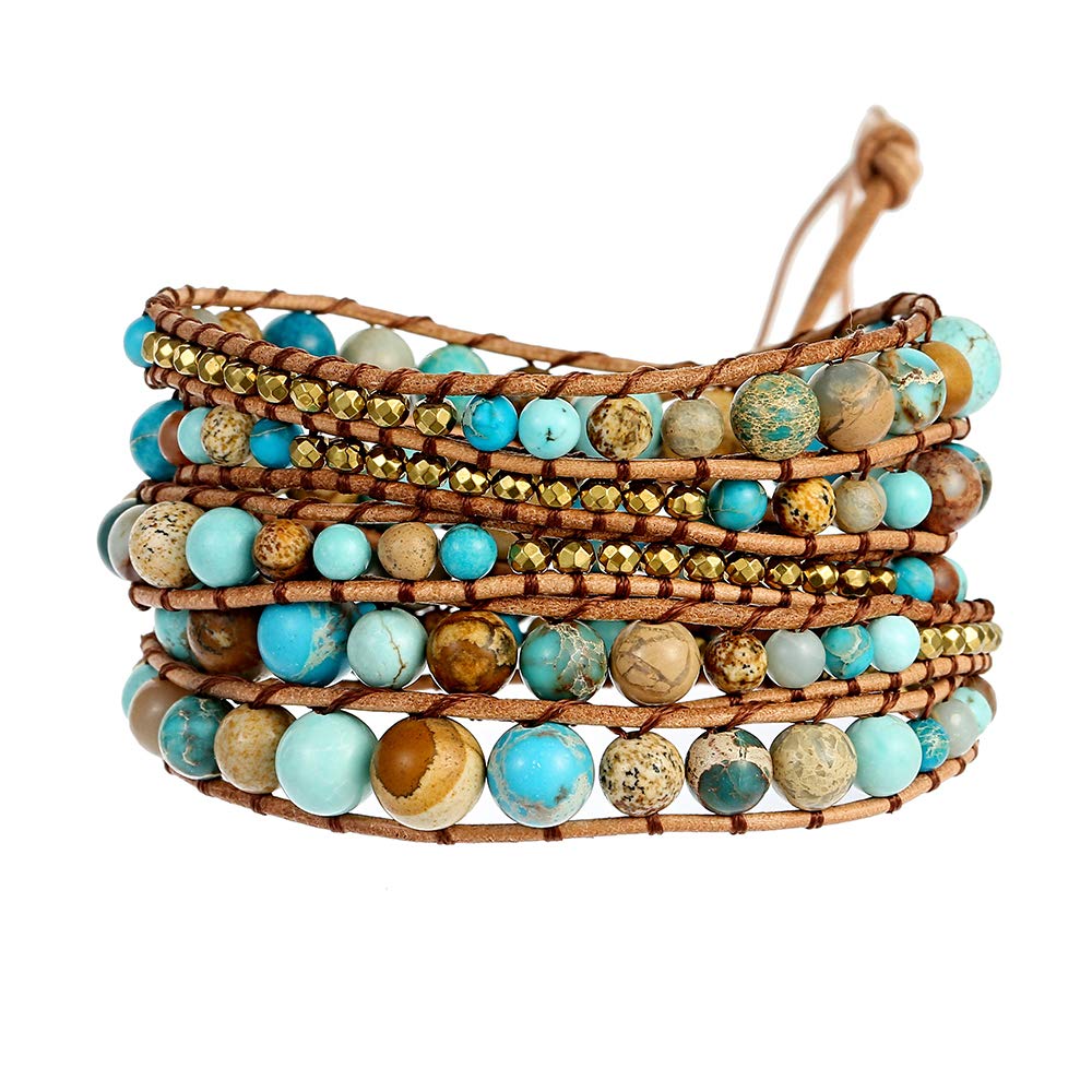 Plumiss 4mm 6mm 8mm Turquoise Jasper Hematite Bead Mixed 5 Wraps Stackable Bracelet Jewelry