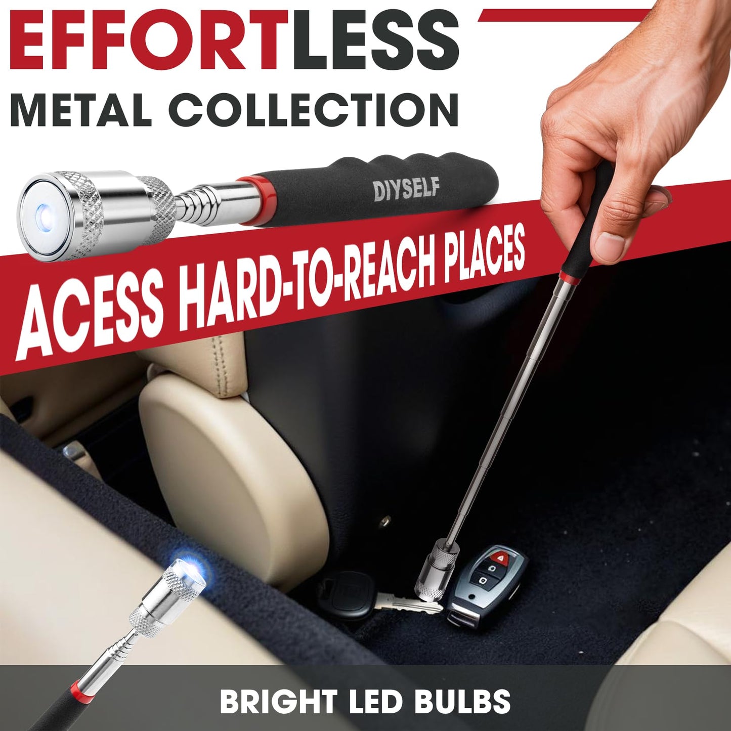 DIYSELF Magnetic Pickup Tool, Telescoping Magnet Stick, LED Flashlight, Flexible Magnetic Pickup Tool, Extendable Magnet Tool for Mechanics, Auto, Inspection Mirror, Cool Gadgets for Men, Gift for Him