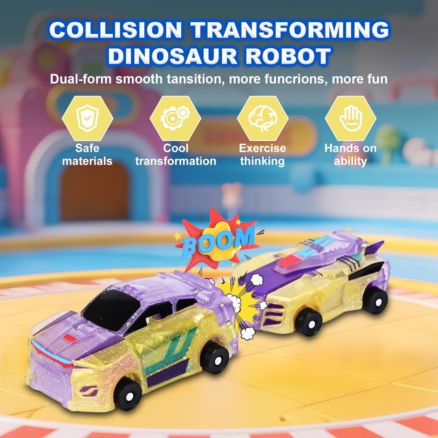 Gkiozu Magnetic Dinosaur Car Toy - 2 in 1 Crash & Transform Vehicle to Dino, No Battery Needed for Kids Age 3-12, Birthday Gift (Yellow)