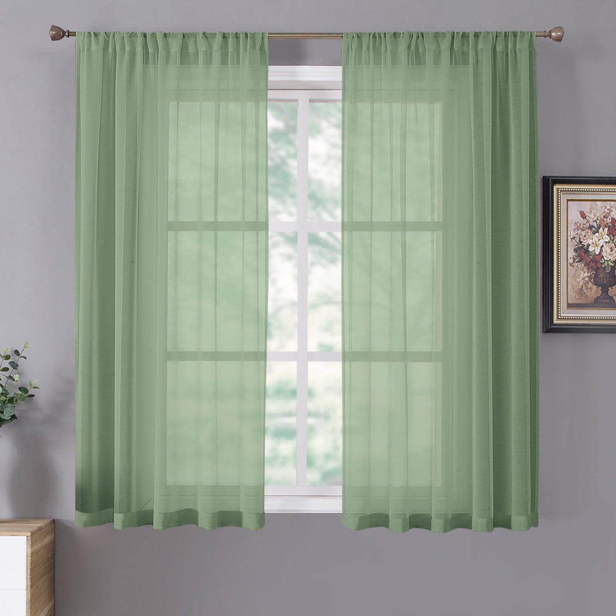 Short Sheer Curtain Linen Textured Bedroom Curtains Sheer Light Filtering Rod Pocket Voile Curtain for Living Room