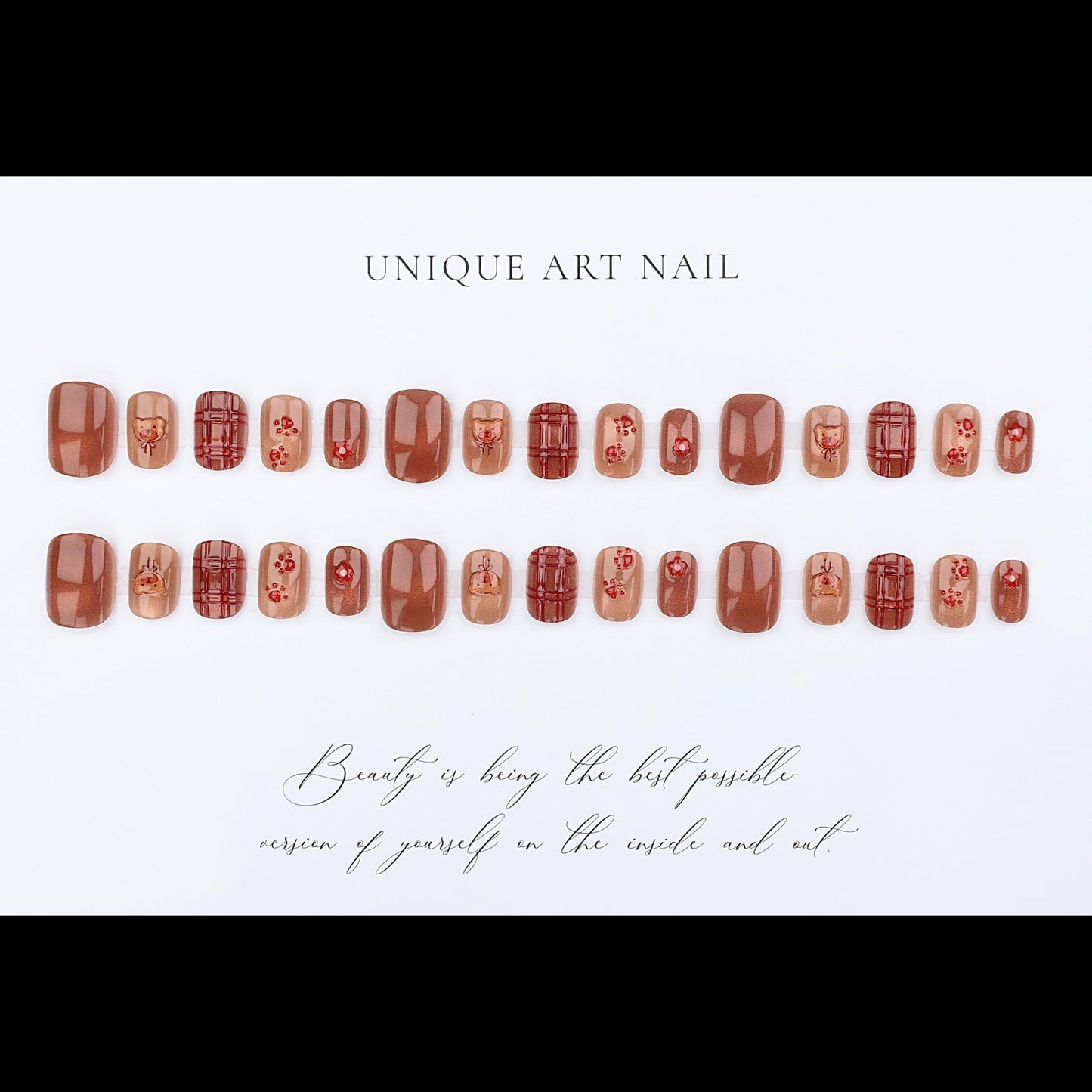 plalely Square Press on Nails Short Brown Stick on Nail Tips Cute Bear and Flower Nails Press ons Press on False Nails for Women 24pcs