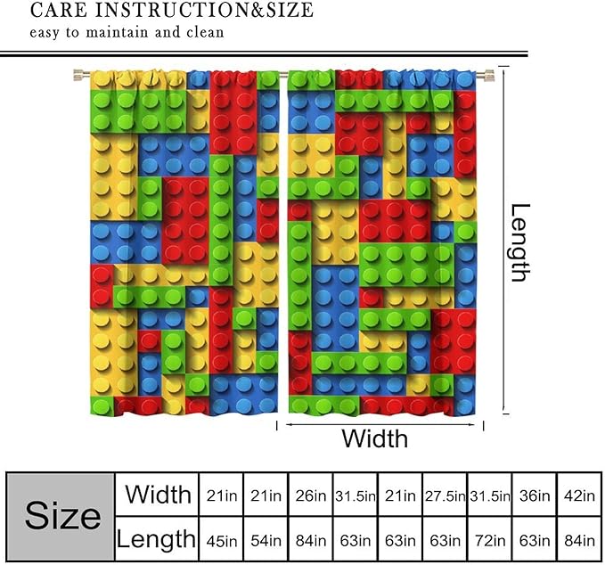 Kids Building Blocks Toy Curtains for Kids Room W63 x L63 Inch Rod Pocket Contour Plastic Colorful Toy Bricks Geometric Print Pattern Curtains for Boys Girls Bedroom 2 Panels