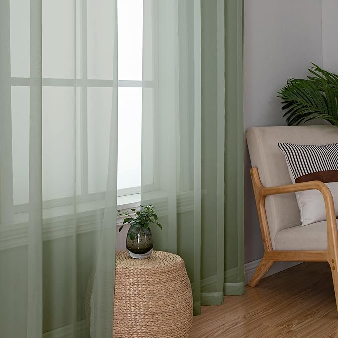 Lecloud Sage Green Sheer Curtains 84 Inches Long 2 Panels Set, Solid Voile Light Filtering Airy Window Treatments for Living Room, Elegant Bedroom Sheer Curtain Drapes, Sage Green, 40" W x 84" L