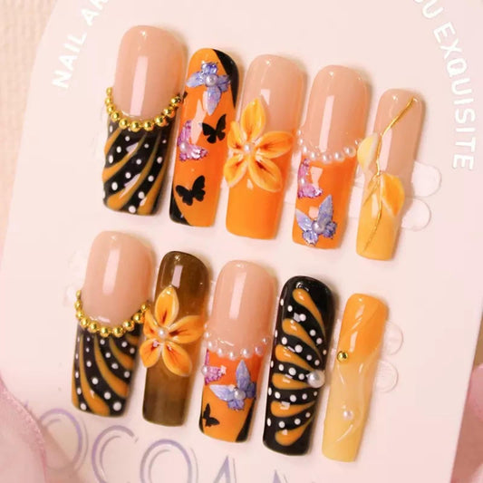 100% 5D Handmade Press on Nails with Charms Long Square Nails Press ons- French Tips False Nails Brown Flower Butterfly Pearl Charms Press on Nails for Women Girls Daily Wear DIY Manicure Size M