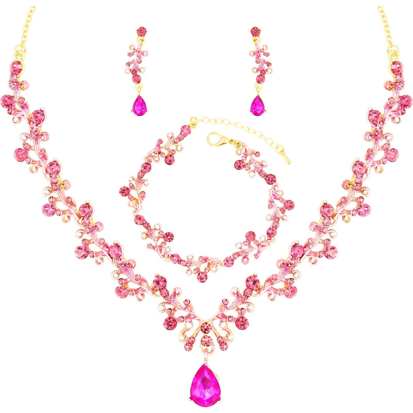 3Pcs Austrian Crystal Jewelry Set for Women, Necklace Dangle Earrings Link Bracelet Jewelry Set with Gold/Platinum/Gun Plated, Wedding Party Jewelry for Bridal Bridesmaid (Rose Red-Gold Plated)