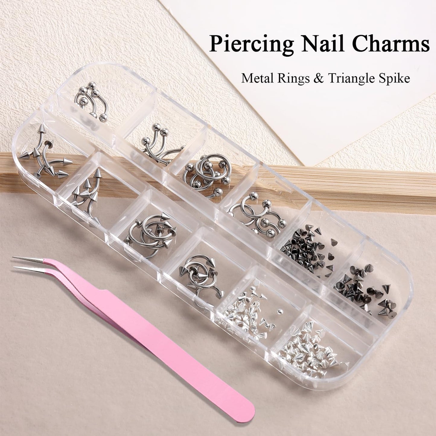 Furtherpretty Piercing Nail Charms Set, 3D Silver Alloy Goth Punk Nail Art Decorations, Triangle Spike Rivets & Metal Rings, Y2K Pierced Nail Charms for DIY Manicure & Salon Accessories