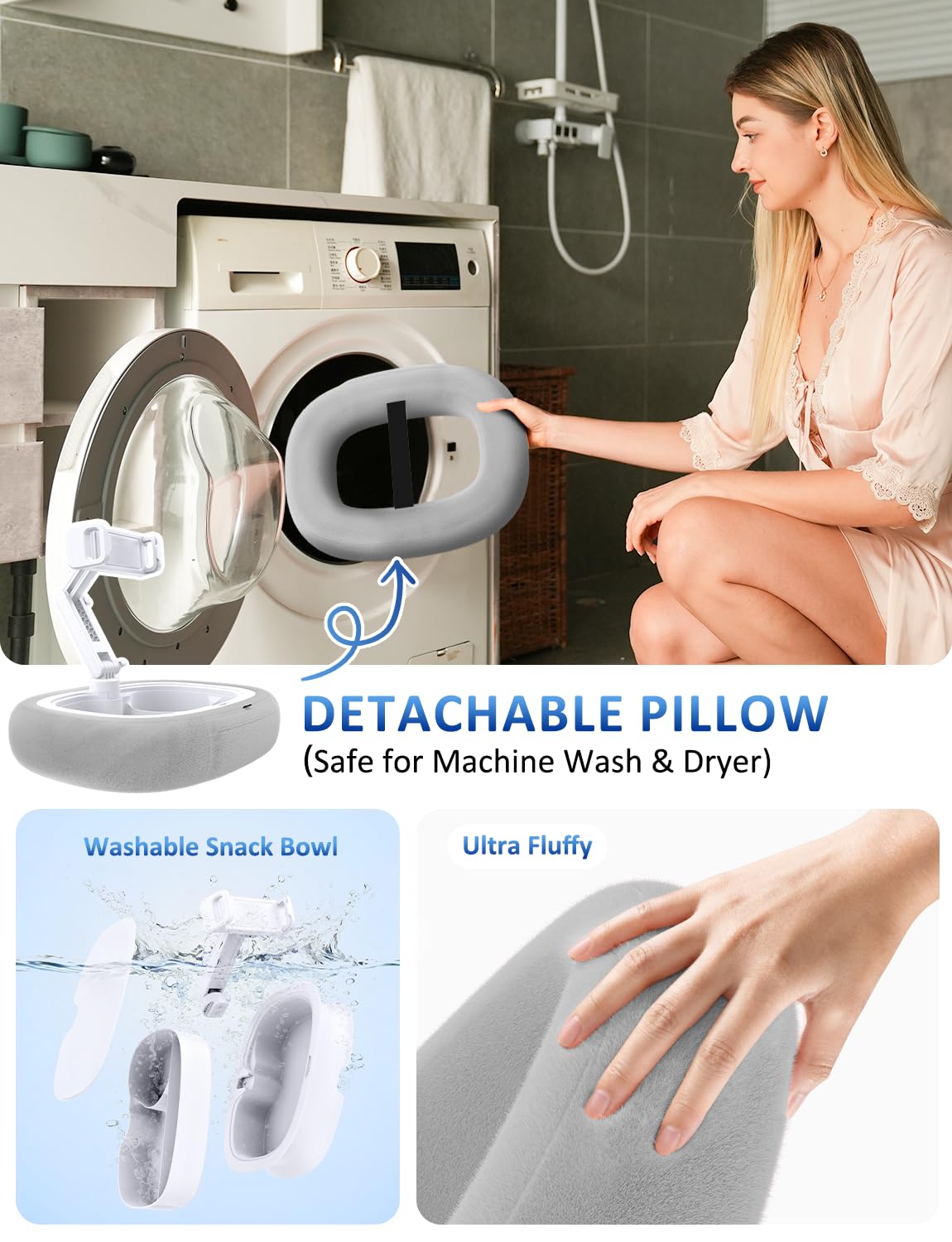 Tryone Tablet Pillow Holder & Laptop Stand : Lap Adjustable iPad Holder with Snack Bowl,Soft Plush Pillow & 360° Rotating Detachable Support Arm for 4.7-16.1 Kindle Phone Tablet Laptop (Gray)