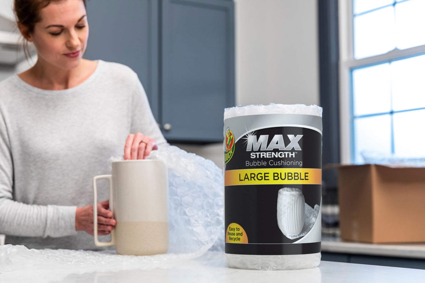 Duck Max Strength Bubble Cushioning Wrap for Moving & Shipping, 15 FT, Large Bubble Packing Wrap for Heavy Duty Protection Packaging Boxes, Clear Bubble Roll Moving Supplies, Perforated Every 12 IN