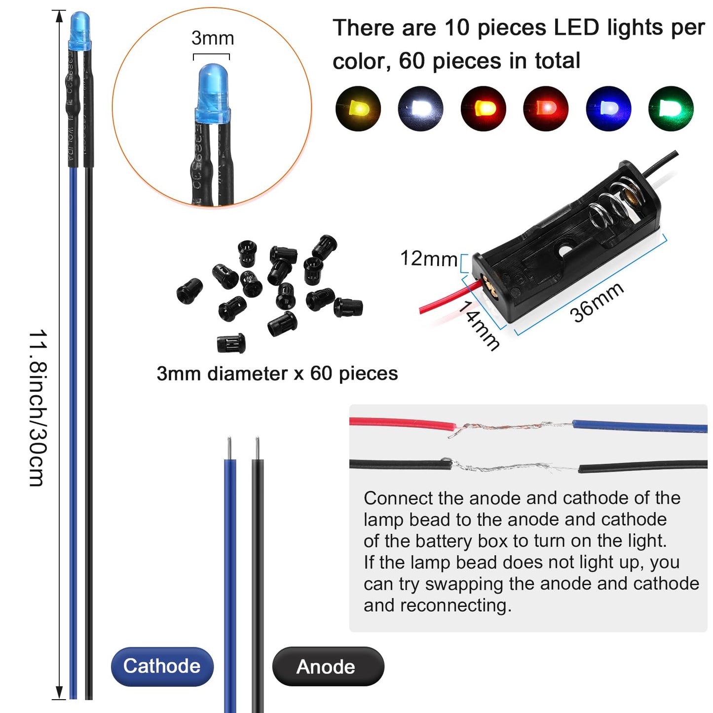 Saysurey 126 Pcs 12v LED Lights Kit, 60 Pre Wired LED Light Emitting Diodes 60 Plastic Lampholder 6 Battery Holder for Model Assortment Crafts Dollhouse (3 mm)