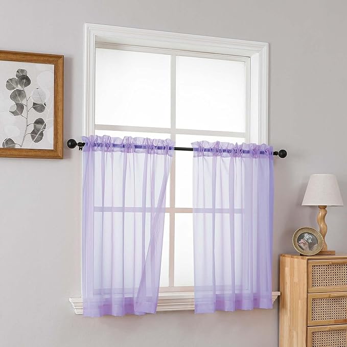 Small Sheer Curtains 2 Panels Set, Kitchen Curtains 36 Inch Length, Elegant Light Filtering Short Window Drapes for Living Room Bedroom, Dual Rod Pocket Design, Lavender, 2x42Wx36L Inches