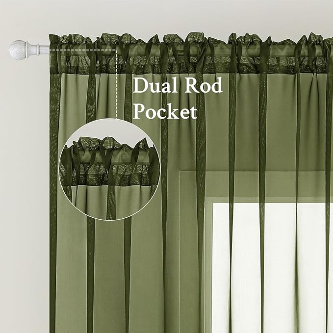 MIULEE 2 Panels Solid Color Sheer Window Curtains Elegant Window Voile Panels/Drapes/Treatment for Bedroom Living Room (54X84 Inches Olive Green)