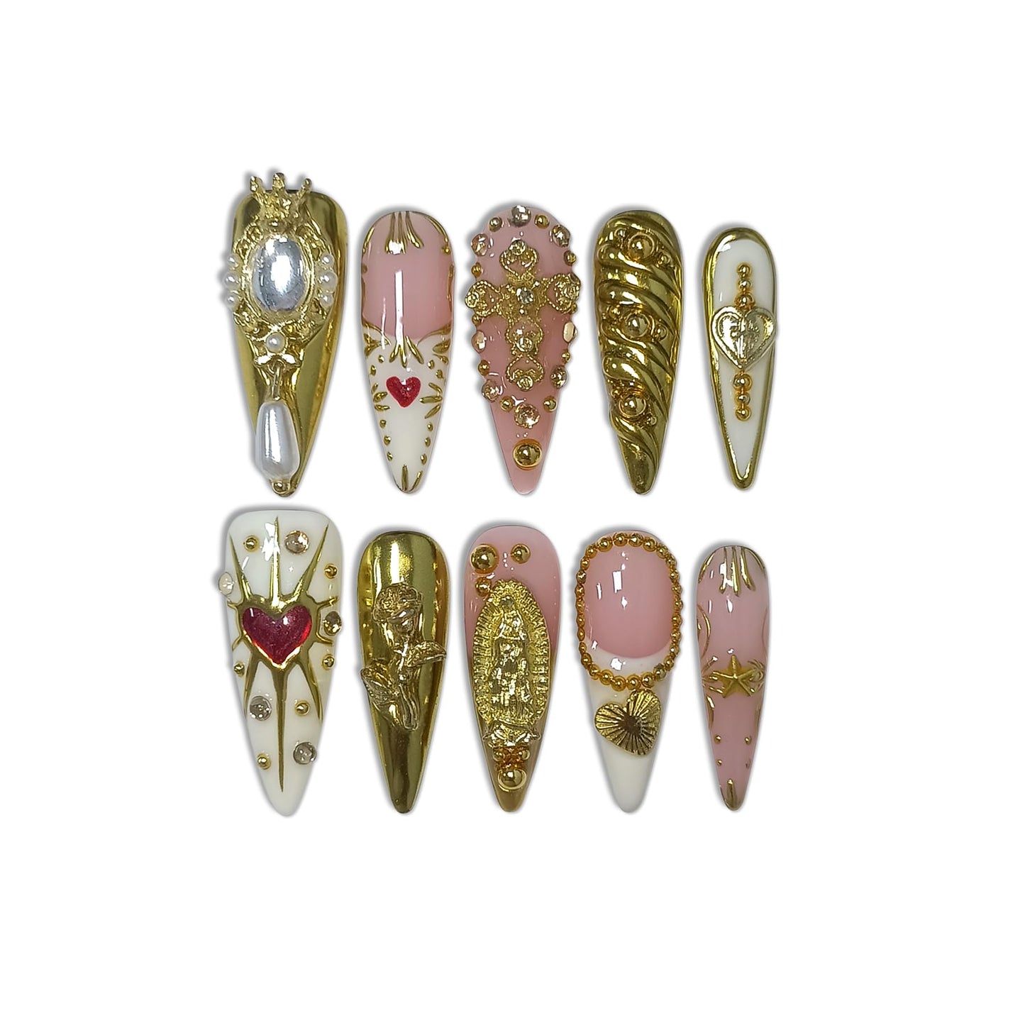TENPAL 10Pcs Handmade Egyptian Press On Nails With Tools,Golden Palace Long Stiletto Glue on Nails,Glossy Sacred Rose & Cross Charms Fake Nails with Crystal Luxe,Acrylic Nails for Women Gifts(S)