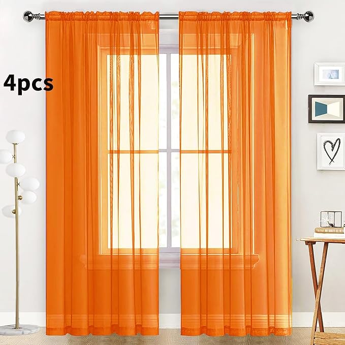SpaceDresser Orange Sheer Curtains 4 Panels Rod Pocket Semi-Sheer Curtain 63 Inches Long Light Filtering Voile Window Drapes for Bedroom Living Room Kitchen, Each 52W x 63L