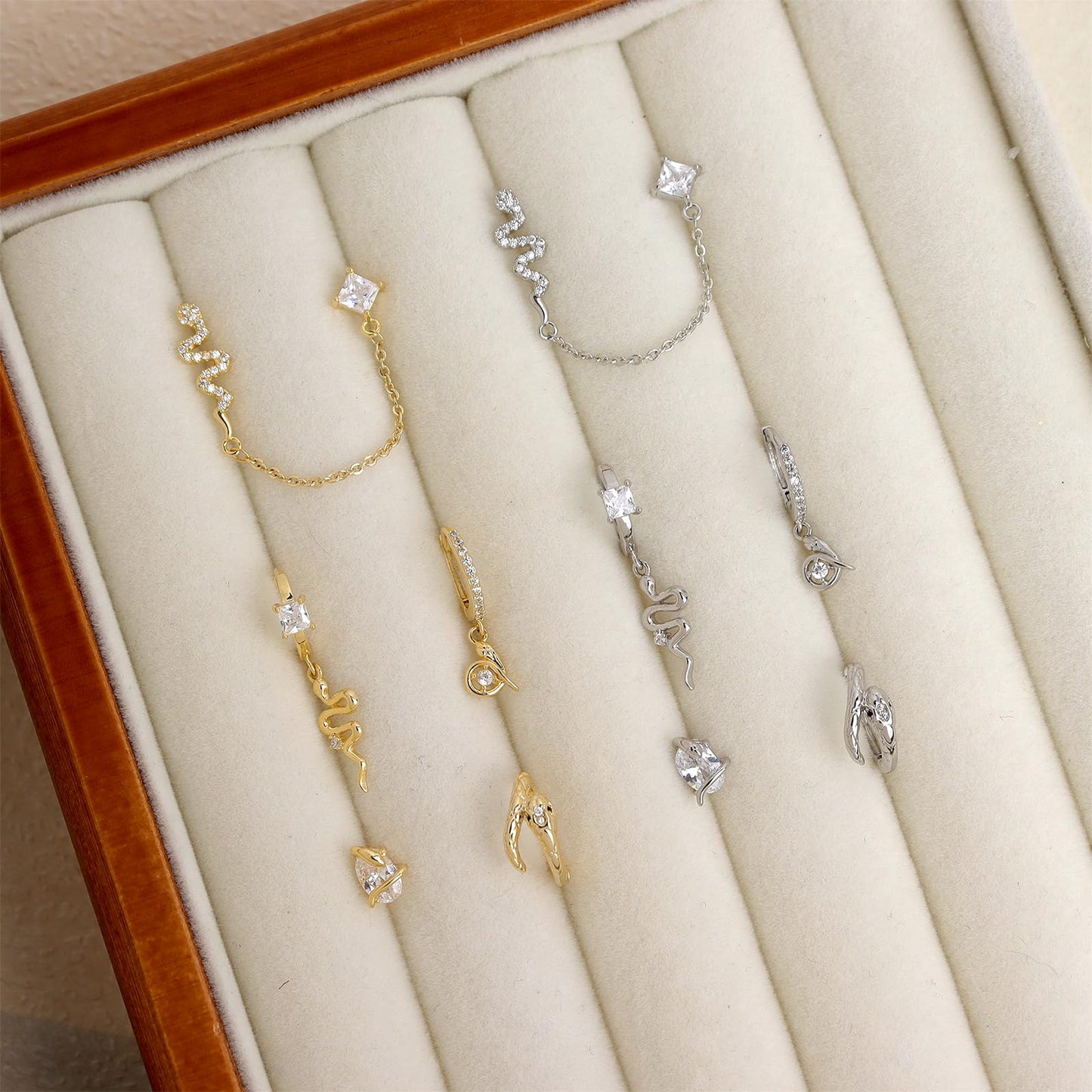 Frigotine Silver Snake Small Hoop Stud Earrings Stack Set for Women, Dainty Sparkly Rhinestone Crystal Drop Multiple Piercing Cartilage Huggie Earing Holiday Prom Fashion Jewelry Gift