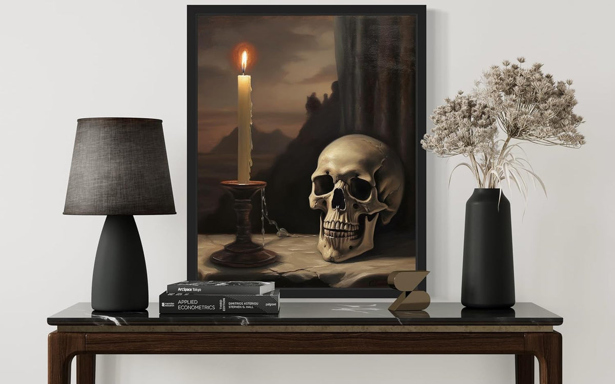 Skull and Candle Poster Art Print, Halloween Scary Vintage Wall Art Academia Spooky Painting Decoration for Horror Prints, Gothic Posters Bedroom Decor 89 (Skull and Candle, 16 x 20 inches, Black Frame)