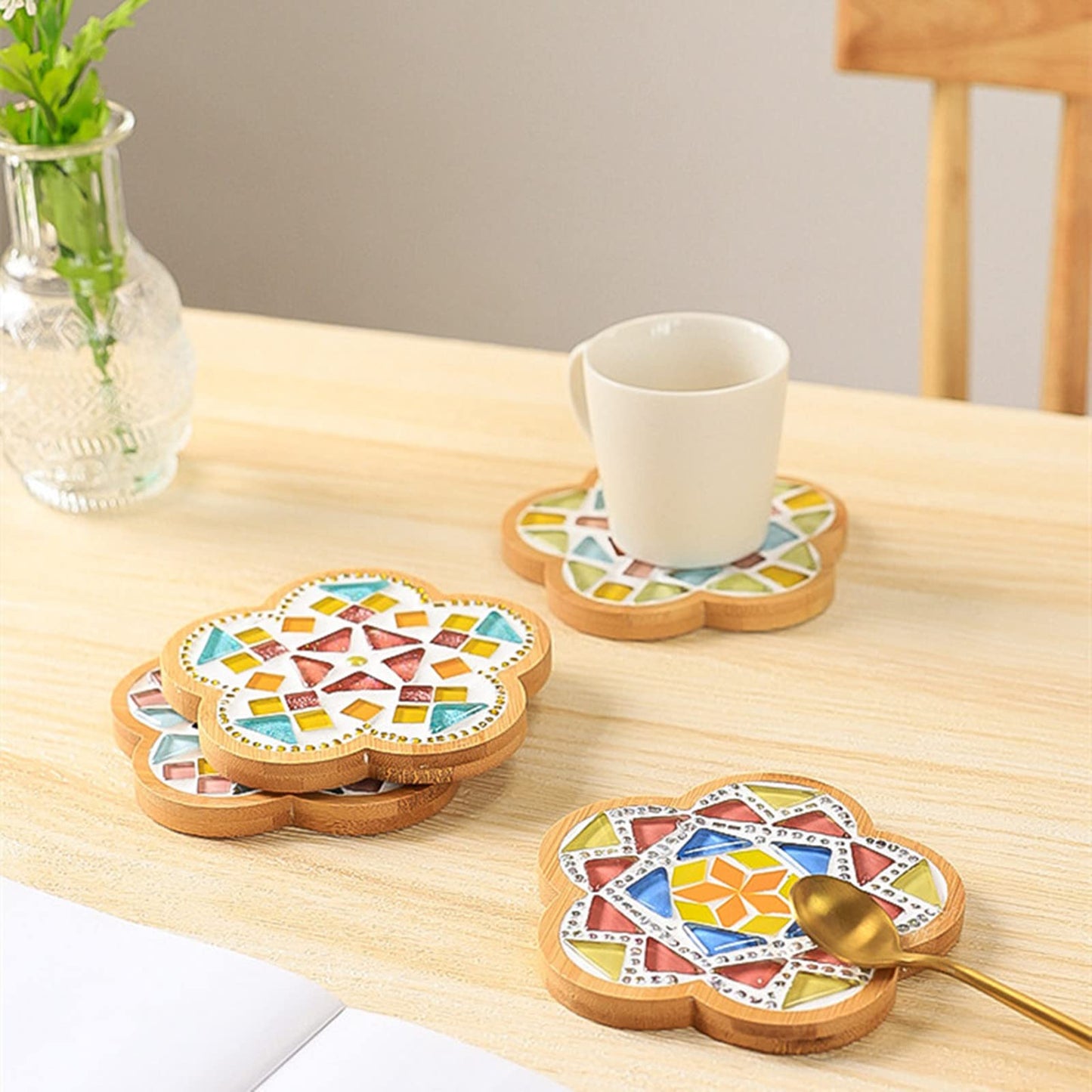4PCS Mosaic Bamboo Coasters for Crafts, Blank Base Trays, Drinking Cup Coaster, Plant Coaster, Art Plate,DIY Mosaic Supplies (Heart)