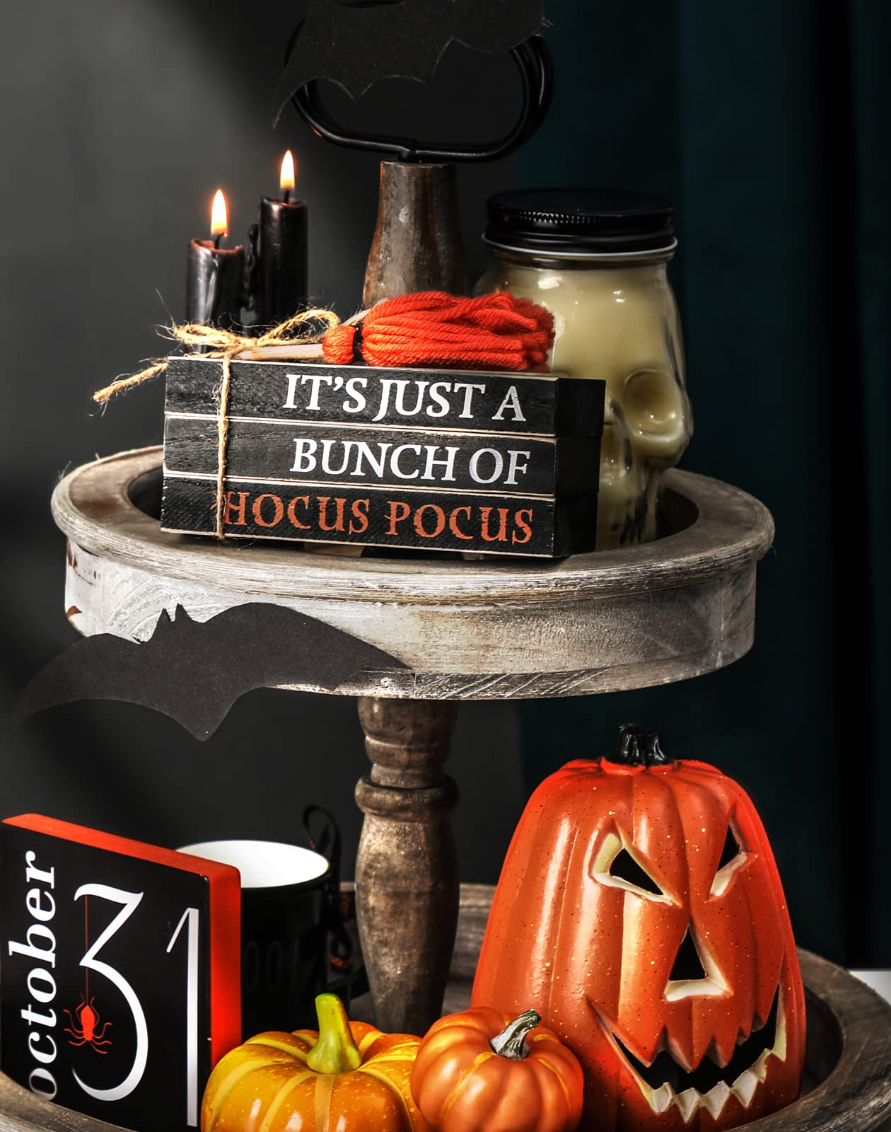 Halloween Wood Book Stack, Hocus Pocus Mini Faux Books Bundle, Halloween Tiered Tray Decor for Home Table Mantle Shelf