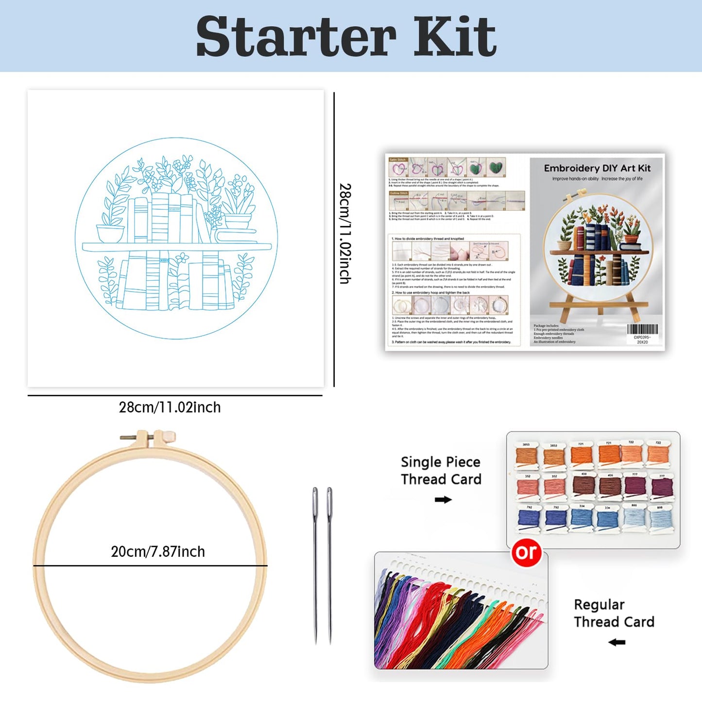 JOZYSH Beginners Stamped Books and Flowers Pattern Embroidery Kit Cross Stitch Kit Embroidery Starter Kit with Instructions, Embroidery Hoops for Home Ofiice Decor
