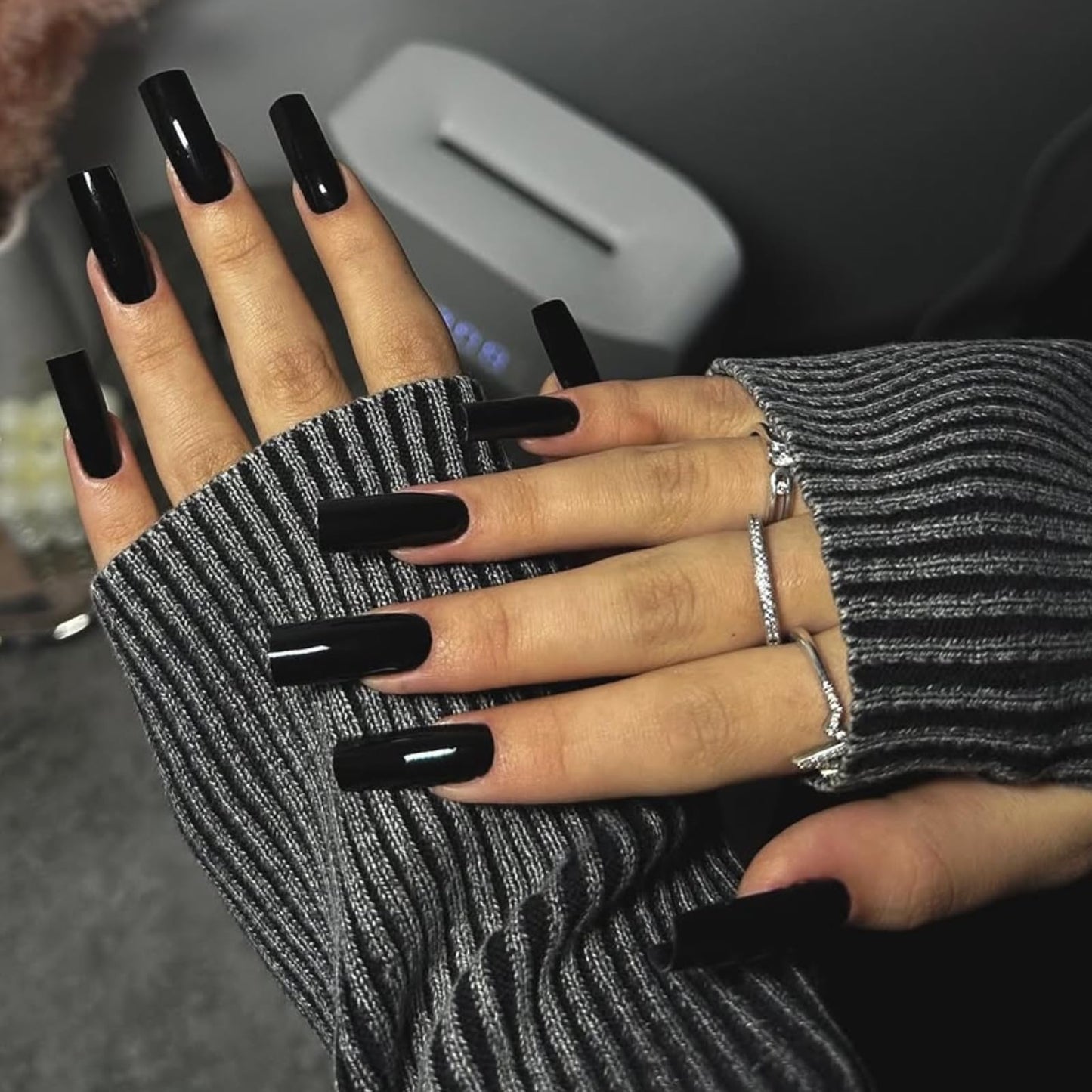 IMRAIN Long Press on Nails Square Fake Nails Black Full Cover Acrylic False Nails Glossy Extra Long Glue on Nails 24Pcs