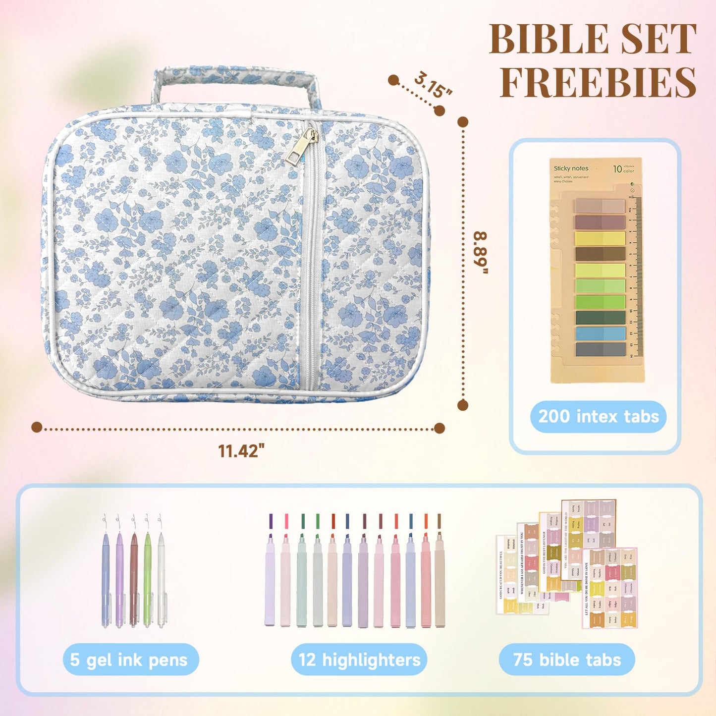 Szcxyy Bible Cover Case for Women,Bible Study Supplies Accessories,Bible Journaling Kit,Blue Flower Carrying Case with Highlighters