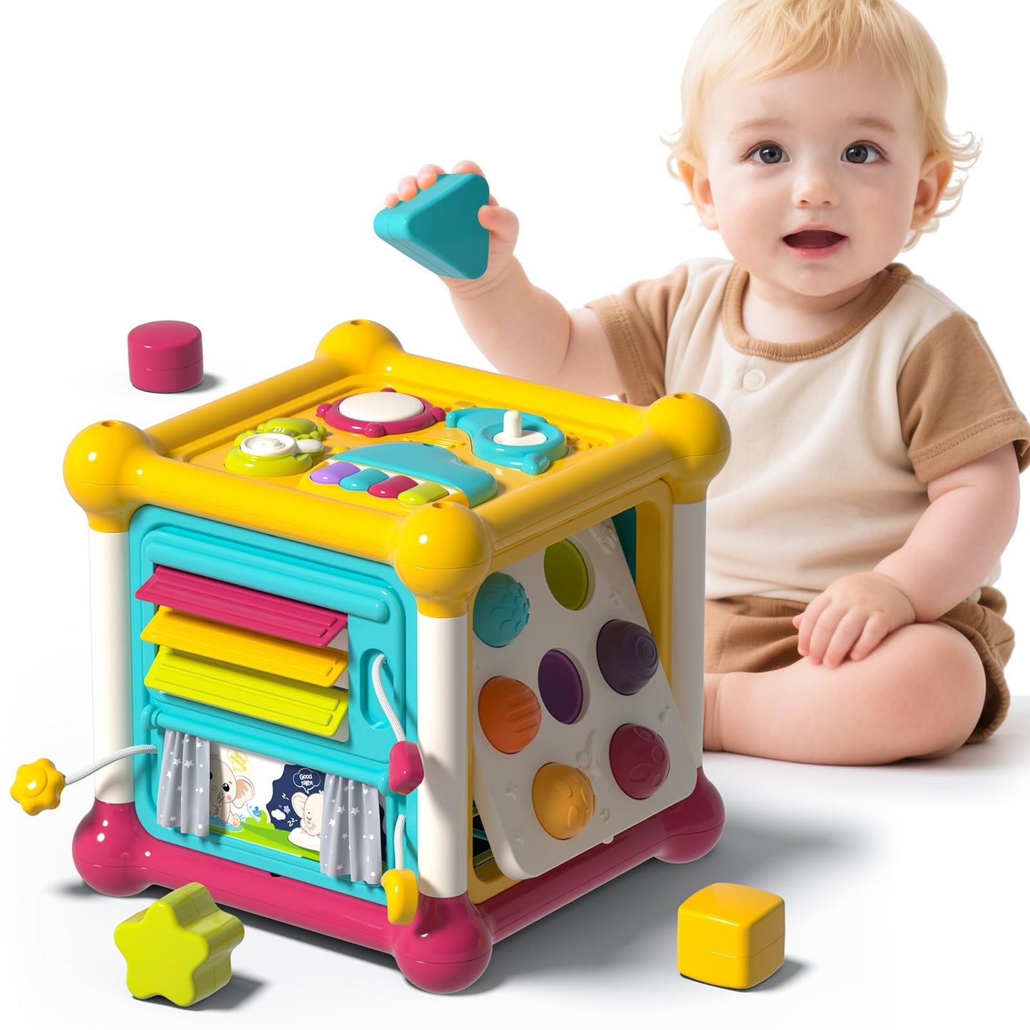 PANITU Baby Activity Cube, 6-in-1 Educational Early Development Toy with 4 Sensory Shape Blocks, Music Busy Board, Montessori Toys for 1 2 Year Old, Birthday Gift for 1 Year Old