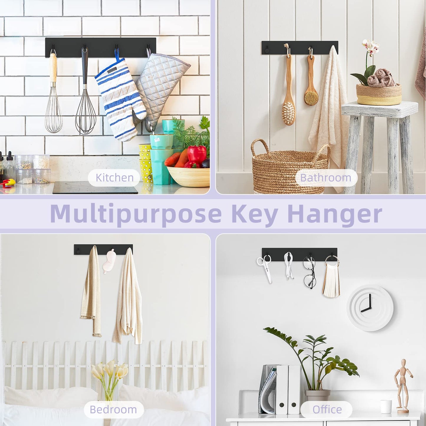 VIS'V Key Holder Wall Mount, Large Metal Self Adhesive Key Hanger with 4 Hooks, No Drilling, Extra Adhesive Strip, Black