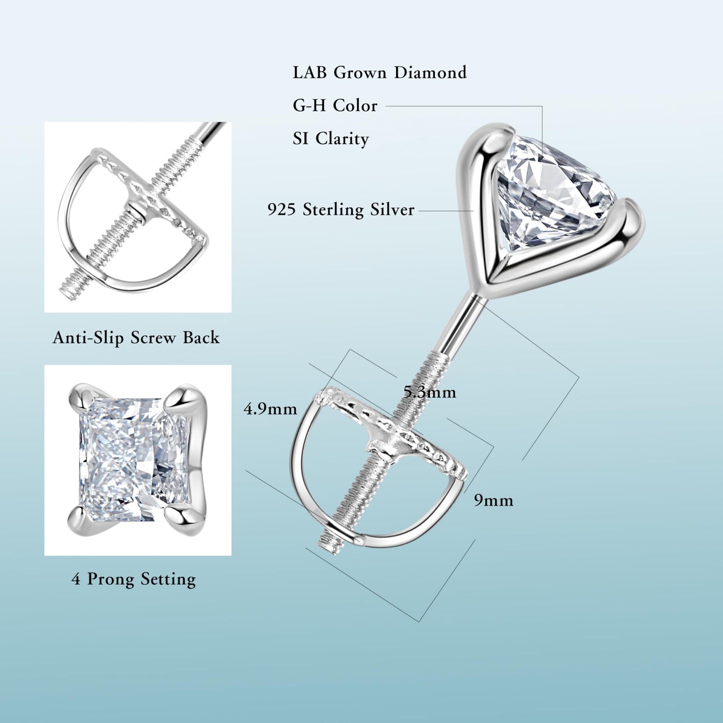Lab-Grown Diamond Stud Earrings in Hypoallergenic 925 Sterling Silver, Screw Back, 1/5 to 2 1/2 Cttw, Round Princess Cushion Cut, 4 Prong, G-H Color, SI Clarity (Silver, 2.0 cttw (1.0ct each), White Princess Diamond)