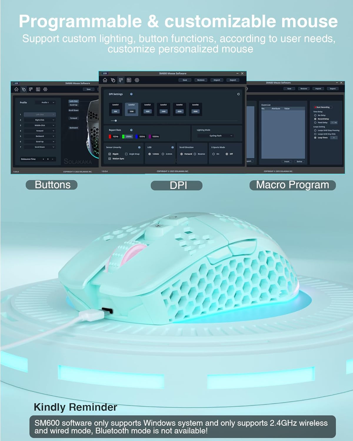 SM600 Honeycomb Shell Gaming Mouse Wireless,8000 DPI Tri-Modes BT5.1/2.4G Wireless/Type-C Wired Gamer Mouse with 2 Side Buttons, Macro Programmable and RGB Light for PC/Mac/Laptop,Green