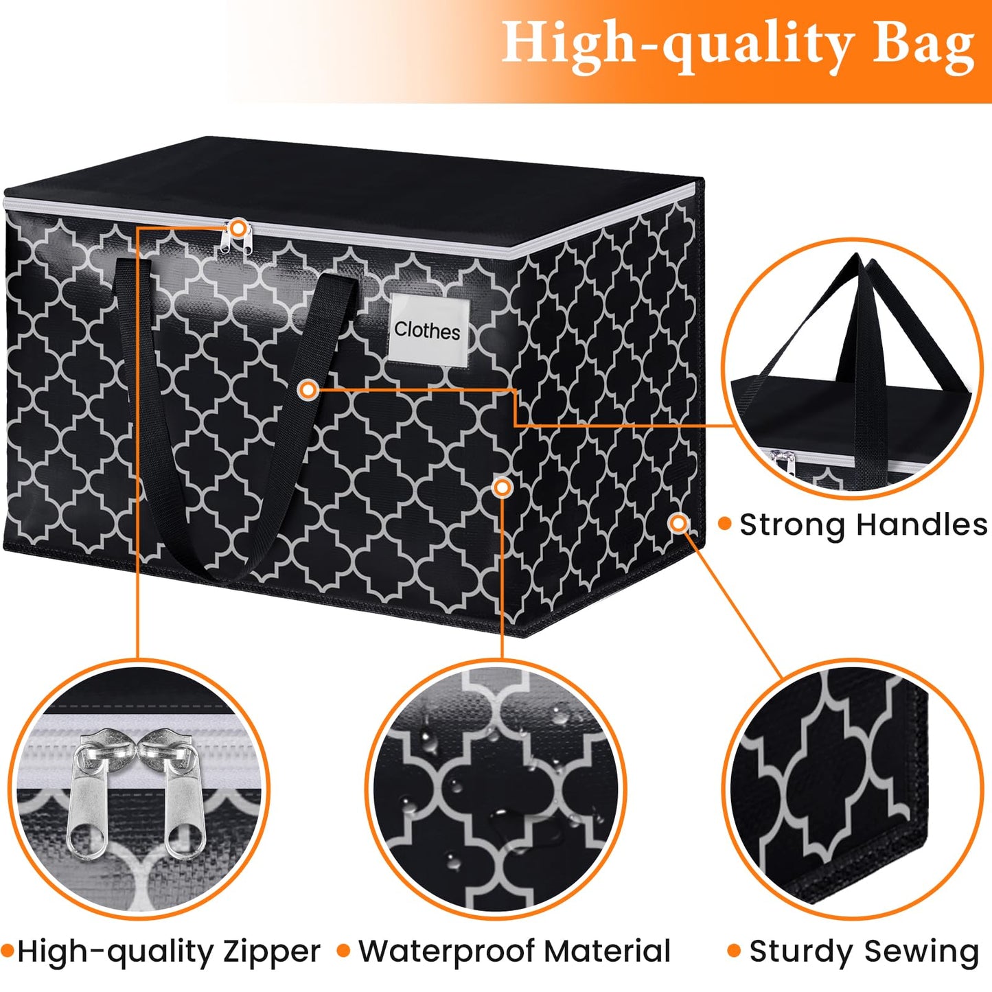 HomeHacks Heavy Duty Moving Bags with Tag Pockets, Collapsible Storage Totes for Moving, Camping & Travel -Foldable Packing Boxes, Zipper Handles, Black（2 Packs, 125L）