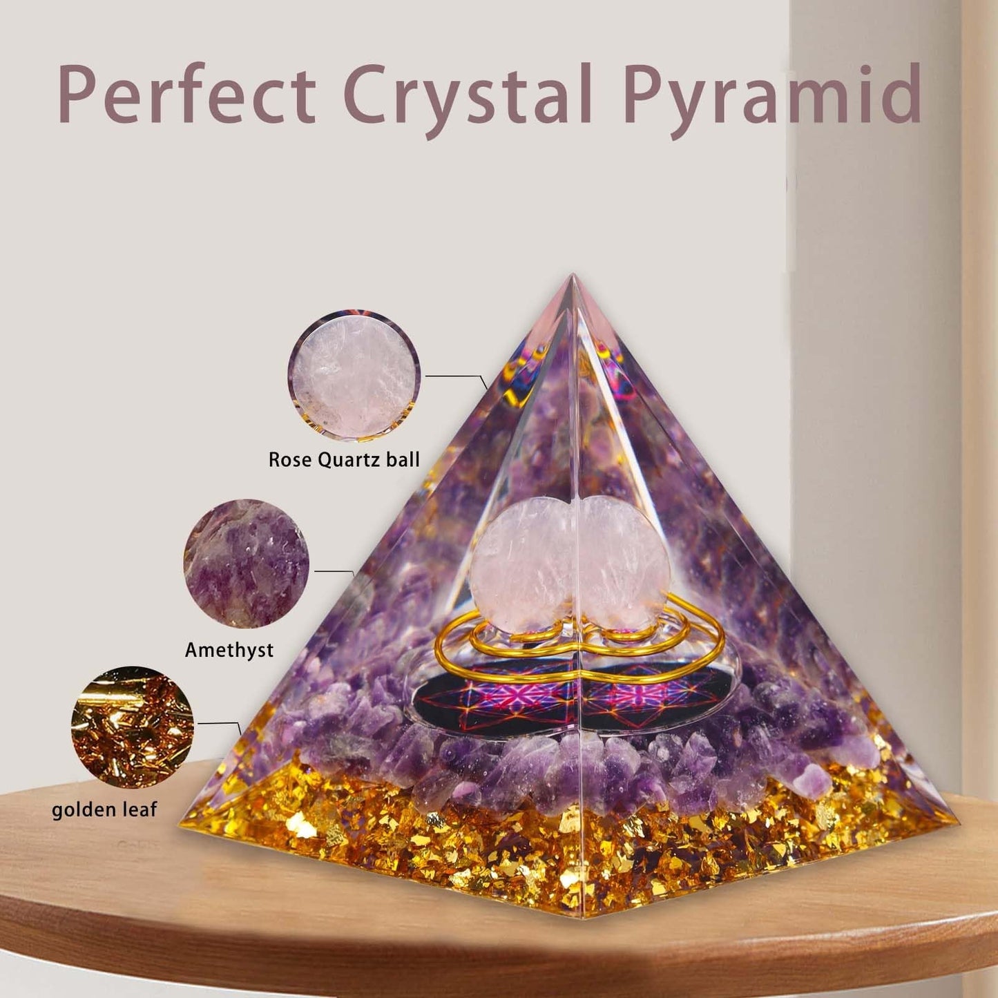 Crystal Pyramid, Rose Quartz & Amethyst Healing Crystal Pyramid Porstive Energy Generator, Natural Crystals Energy Pyramid for Attract Wealth Success and Lucky