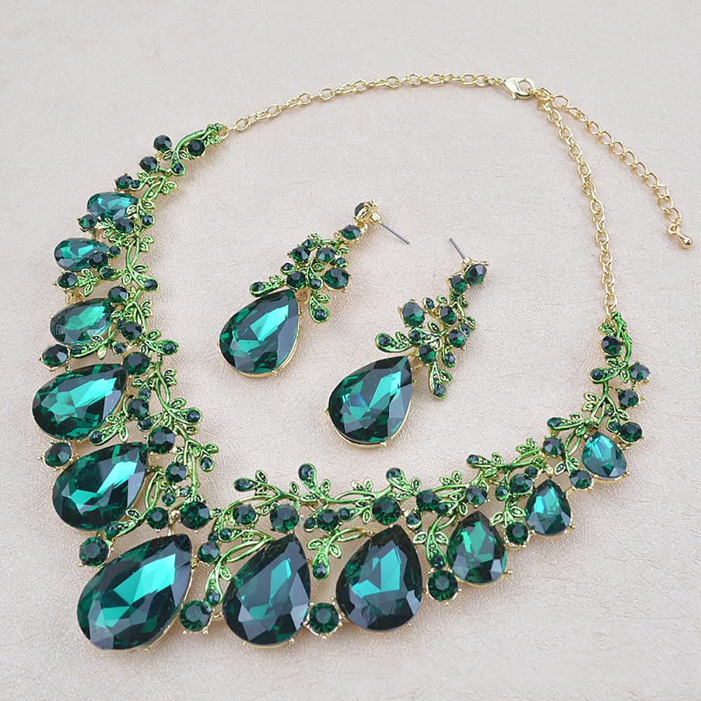 Qlavoca Vintage Crystal Teardrop Necklace Earrings Set - Gothic Statement Jewelry for Wedding Bridal Prom Party (Green-Gold Tone)