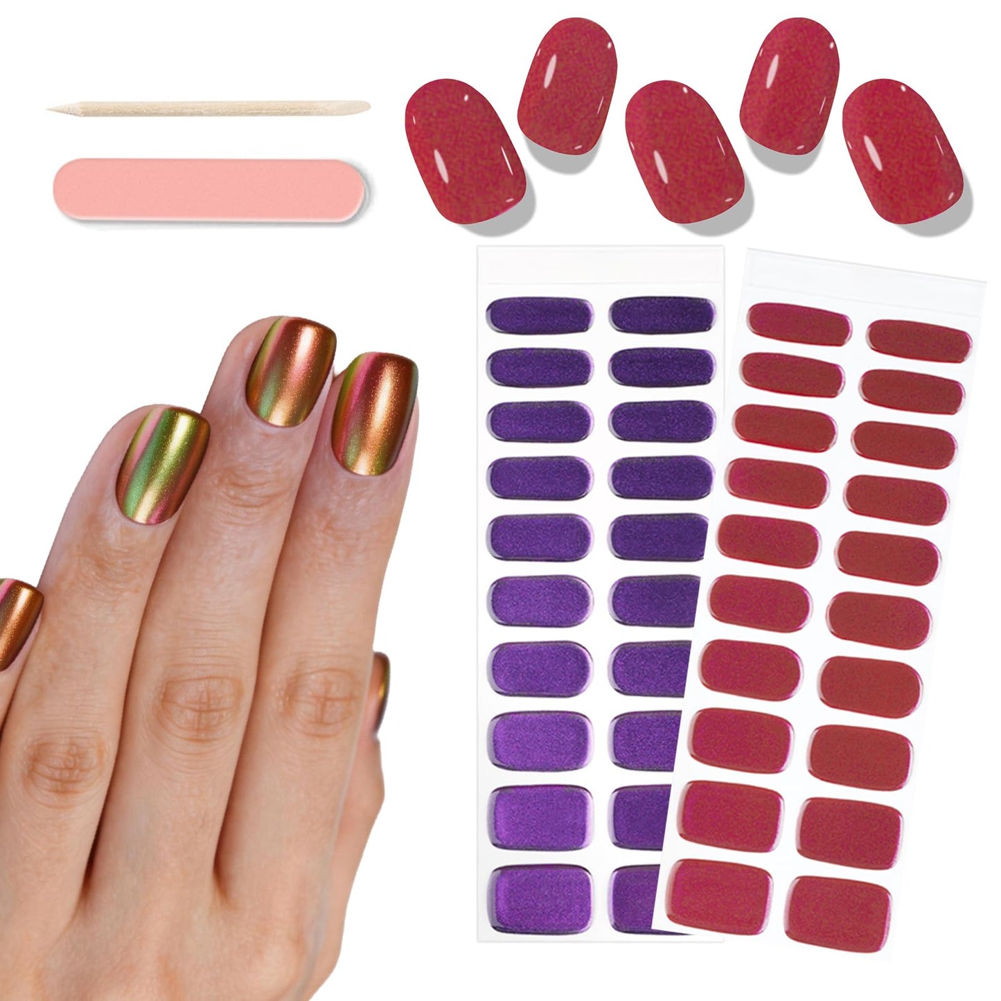YECIRALA 2 Sheets 40 Tips Semi Cured Gel Nail Strips Kit (Magic Metallic Burgundy & Purple) Semi Cured Nail Polish Strips Stickers Chrome Metallic Effect Gel Nail Wraps with Nail File & Wooden Stick