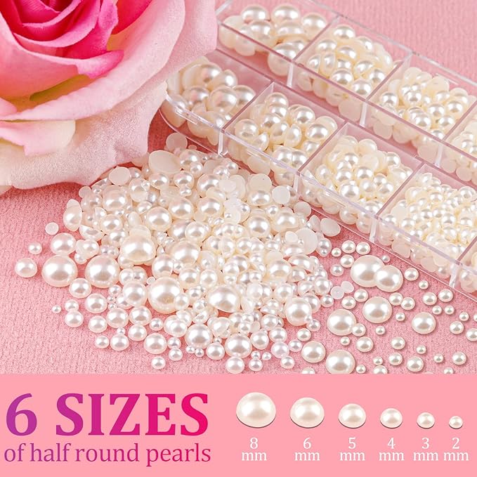 Belleboost Flat Back Pearls Kits 1 Box of Flatback Beige Half Round Pearls with Pickup Pencil and Tweezer for Home DIY and Professional Nail Art, Face Makeup and Craft