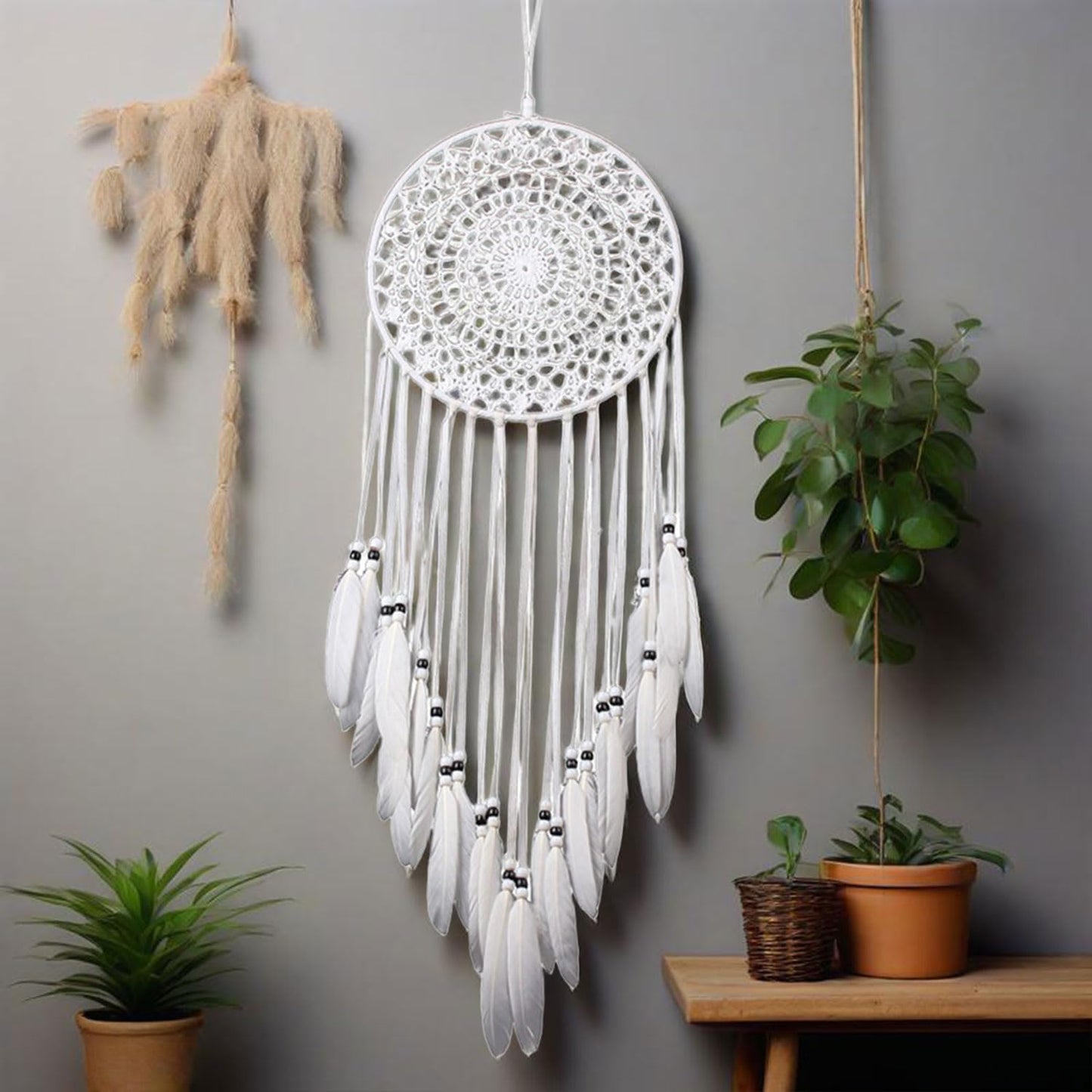 Large White Dream Catcher, Handmade Crochet Macrame Feather Dreamcatcher | Bohemian Wall Hanging Home Decor for Bedroom, Nursery, Living Room & Wedding.