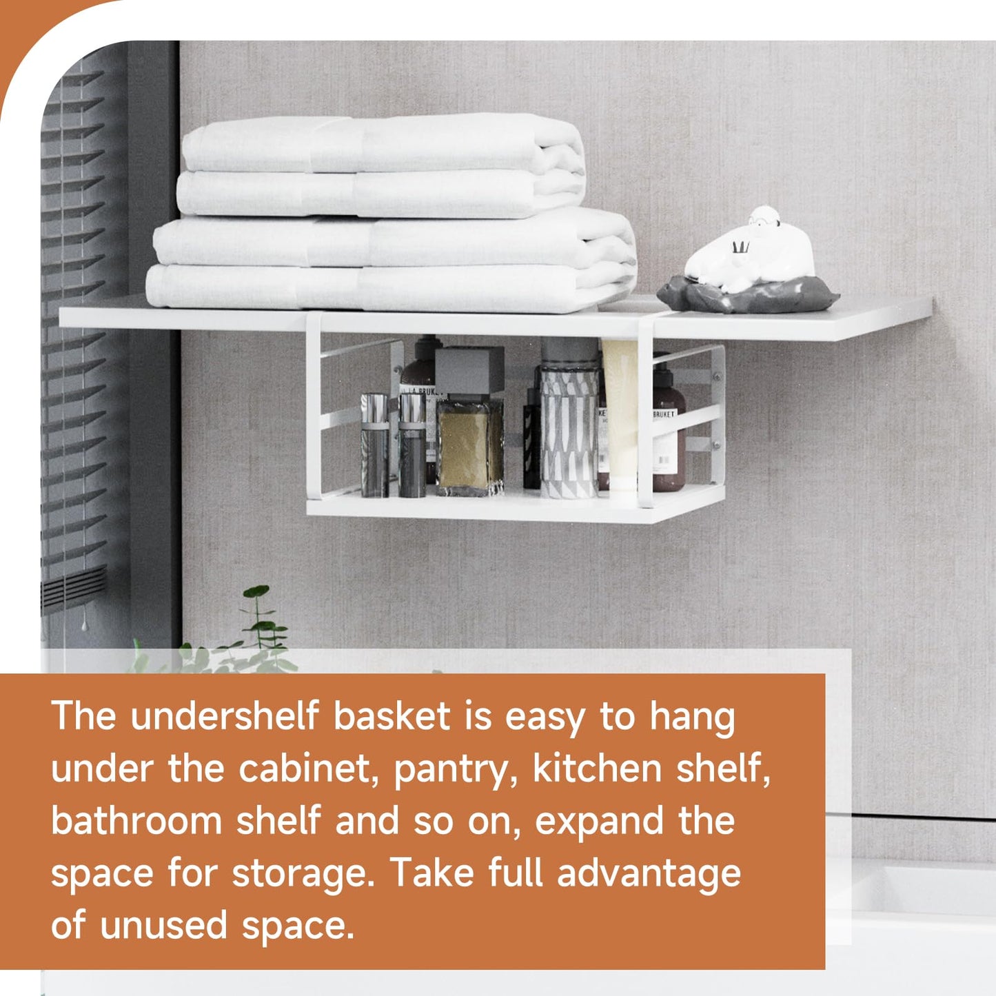 PEKGRIL 2 Pack Large Under Shelf Basket, White Undershelf Storage Basket, Heavy Duty Slide-in Hanging Storage Basket, Metal Under Cabinet Organizer for Kitchen, Pantry, Desk, Bookshelf, Cabinet