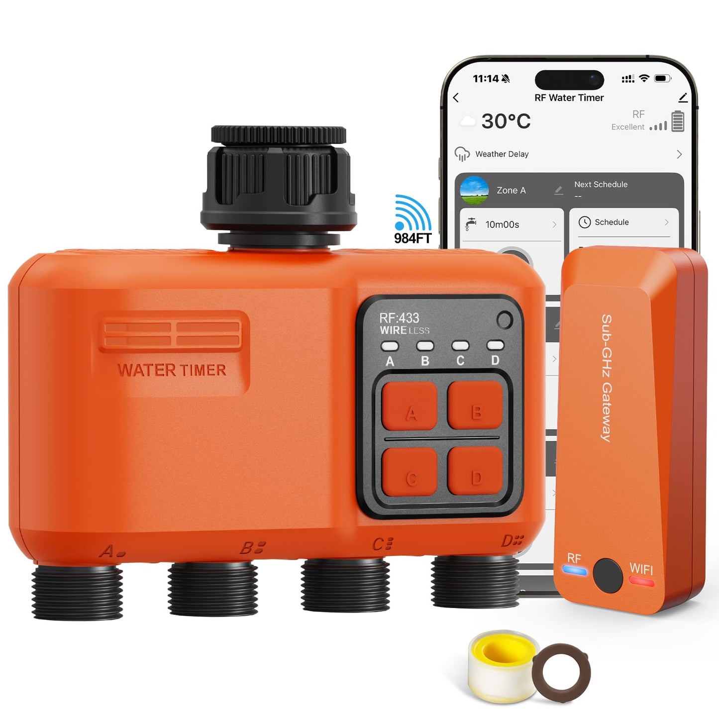 Smart WiFi Sprinkler Timer 4 Zone,WiFi Water Timer for Garden Hose with 984 FT Range,APP & Remote Control,Alexa & Google Voice Compatible,Rain Delay, Manual Mode Sprinkler System