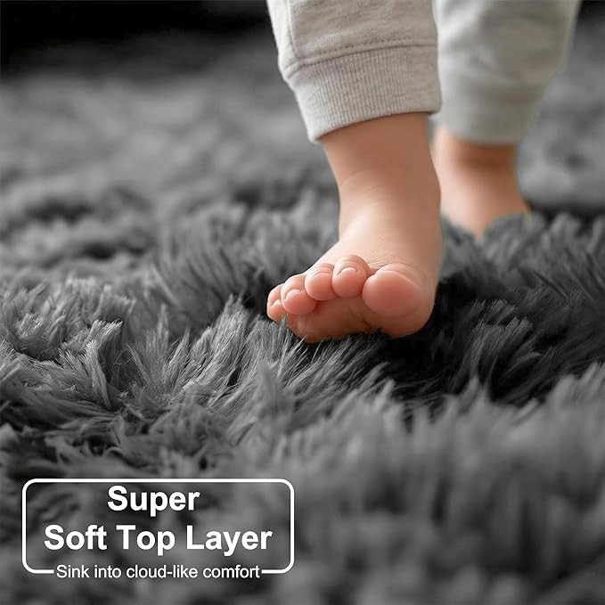 Grey Round Rugs 4Ft for Living Room Bedroom, Fluffy Fuzzy Shag Shaggy Circle Area Rug for Kids Room Home Office Decor Aesthetic, Furry Soft Plush Indoor Floor Gray Carpet for Baby Nursery Preppy Dorm