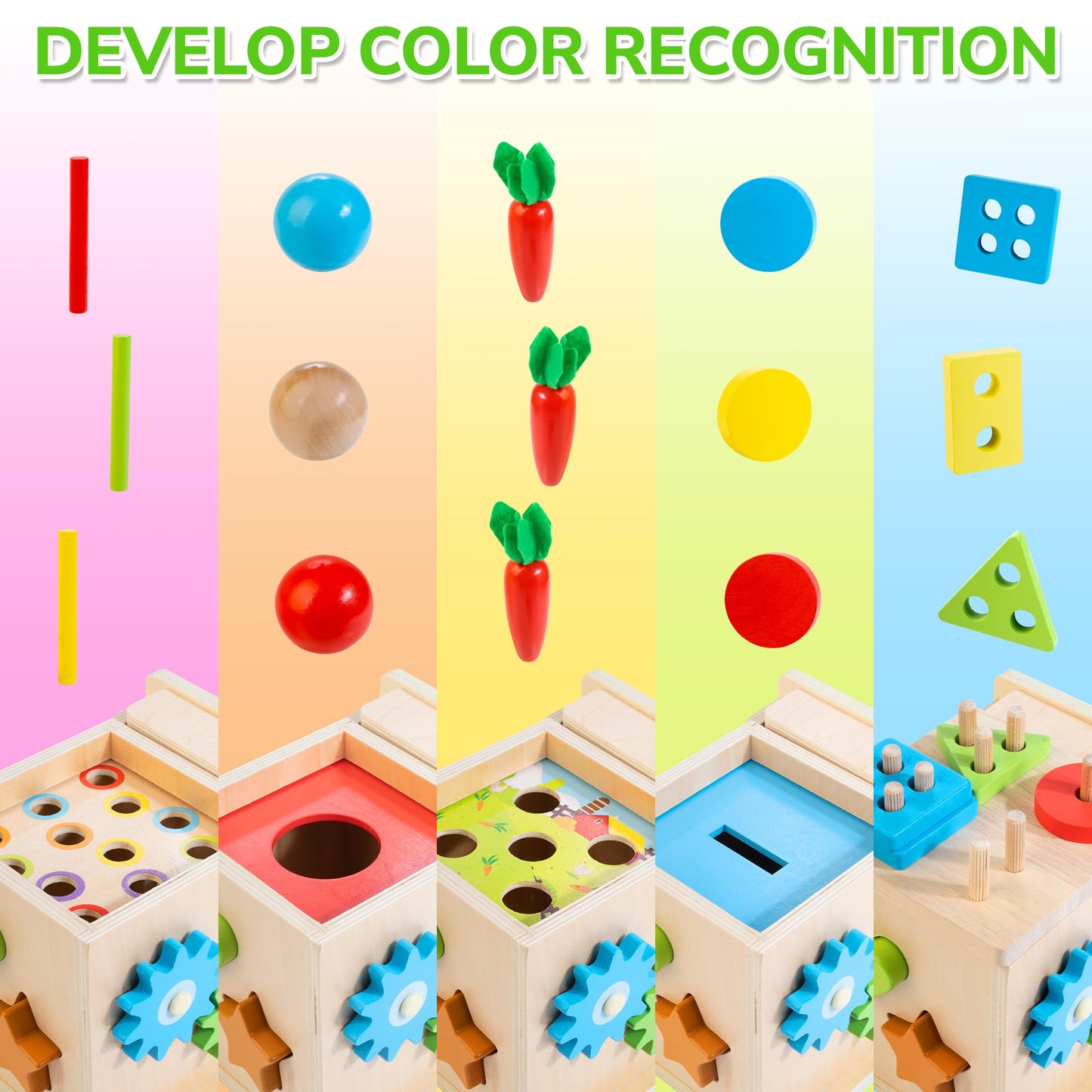 JUSTWOOD Montessori Toys for 1+ Year Old, 8-in-1 Wooden Play Kit Includes Object Permanent Box, Learning Activity Cube, Sorting & Stacking Toy, Carrot Harvest Game, Gift for Boys Girls Age 12+ Months