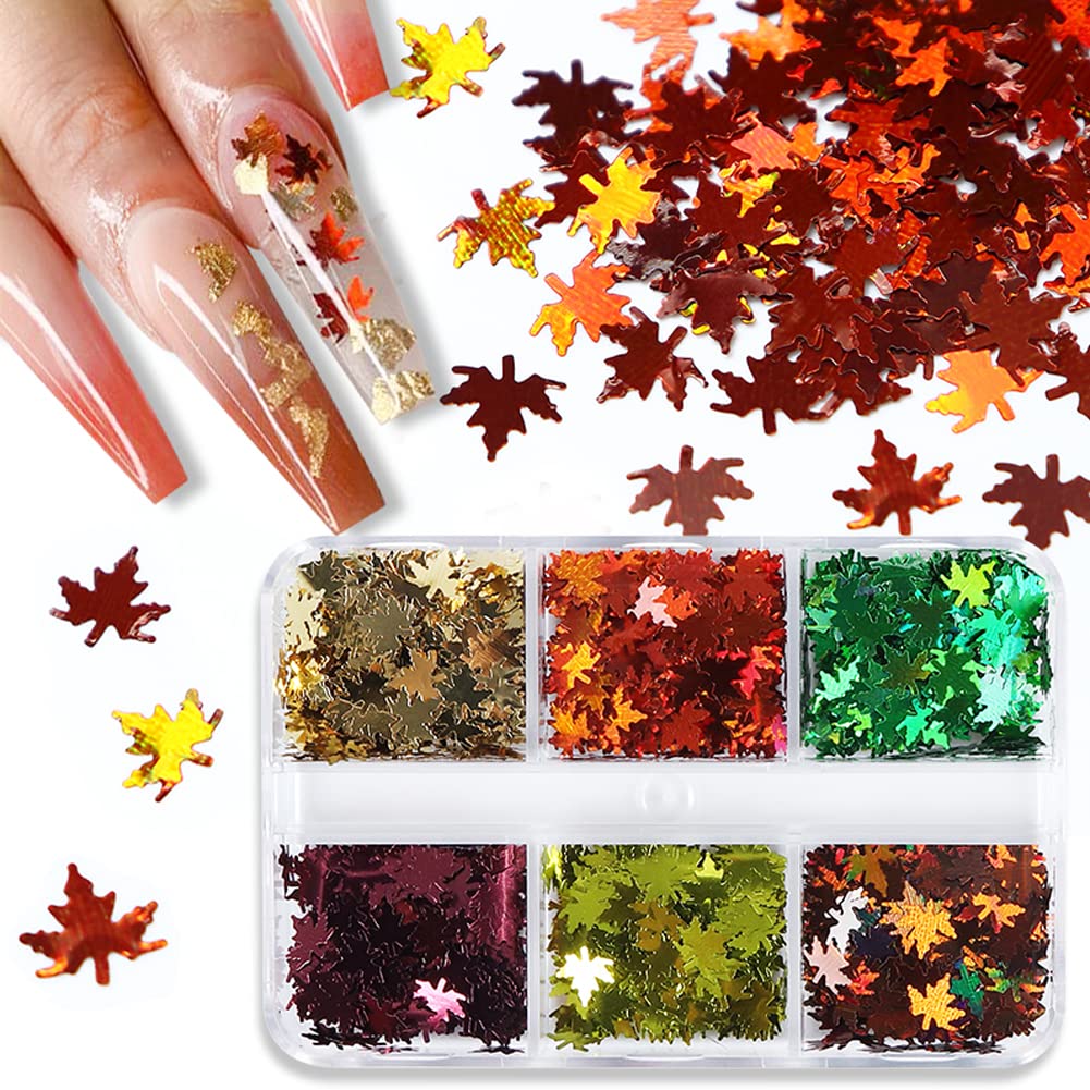 Fall Glitter Nail Sequins Maple Leaf Nail Glitters Flakes Holographic Maple Leaves Nail Glitter Retro Autumn Winter Nail Designs Stickers Decals Nail Decorations Fall Nail Art Tool Accessories 6 Grids