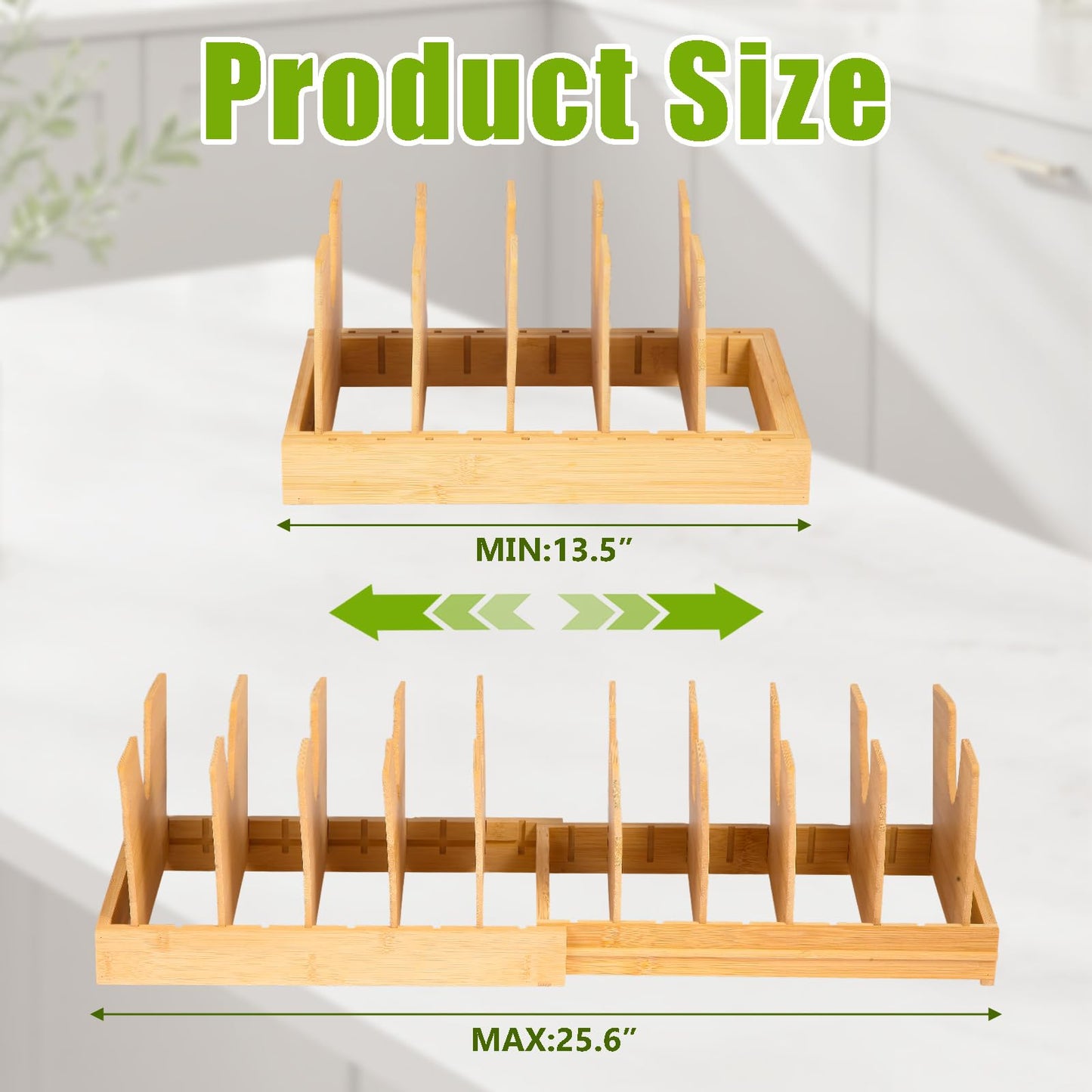 VKDDM Pots and Pans Organizer for Under Cabinet - Expandable Bamboo Pot Lid Organizer, Pan Organizers inside Cabinet, Drawer Pot Lid Holder Rack for Kitchen Organization and Storage
