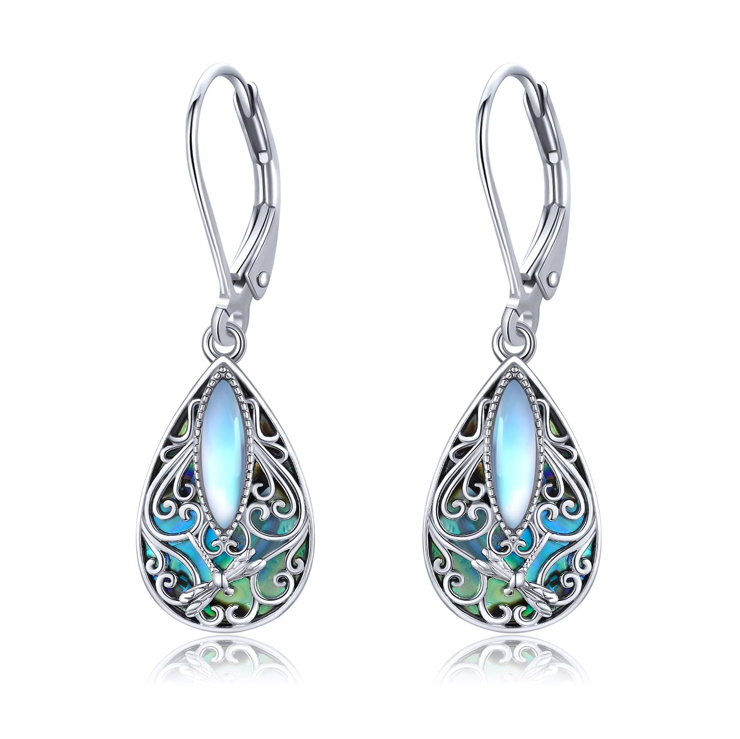 Dragonfly Filigree Earrings Sterling Silver Teardrop Abalone Shell Drop Dangle Earring Filigree Leverback Earrings Gifts for Women Jewelry