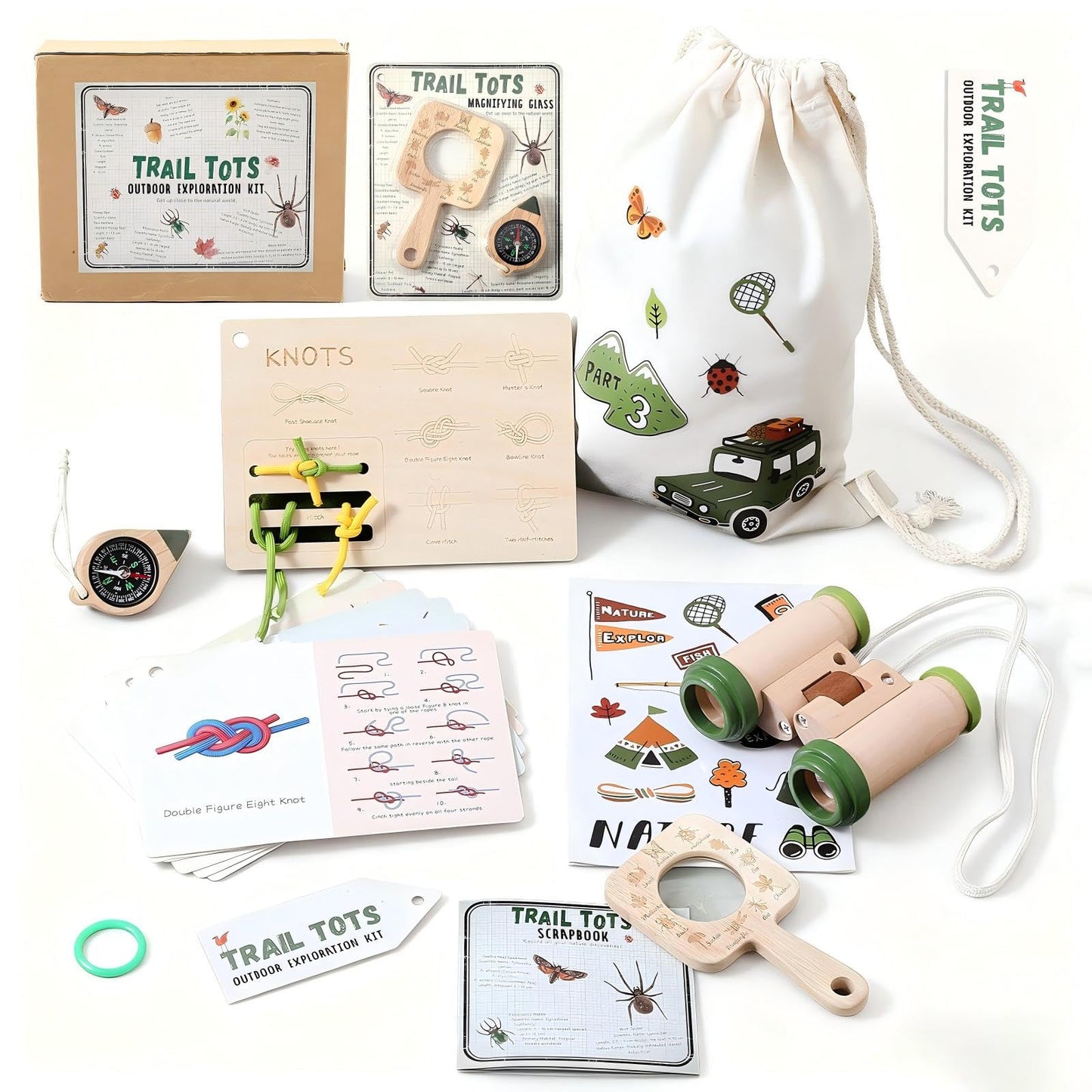 Kids Outdoor Explorer Kit Ages 4–8, Wooden Binoculars, Compass and Knot-Tying Board, Nature STEM Learning & Camping Toy Birthday Gift for Boys and Girls