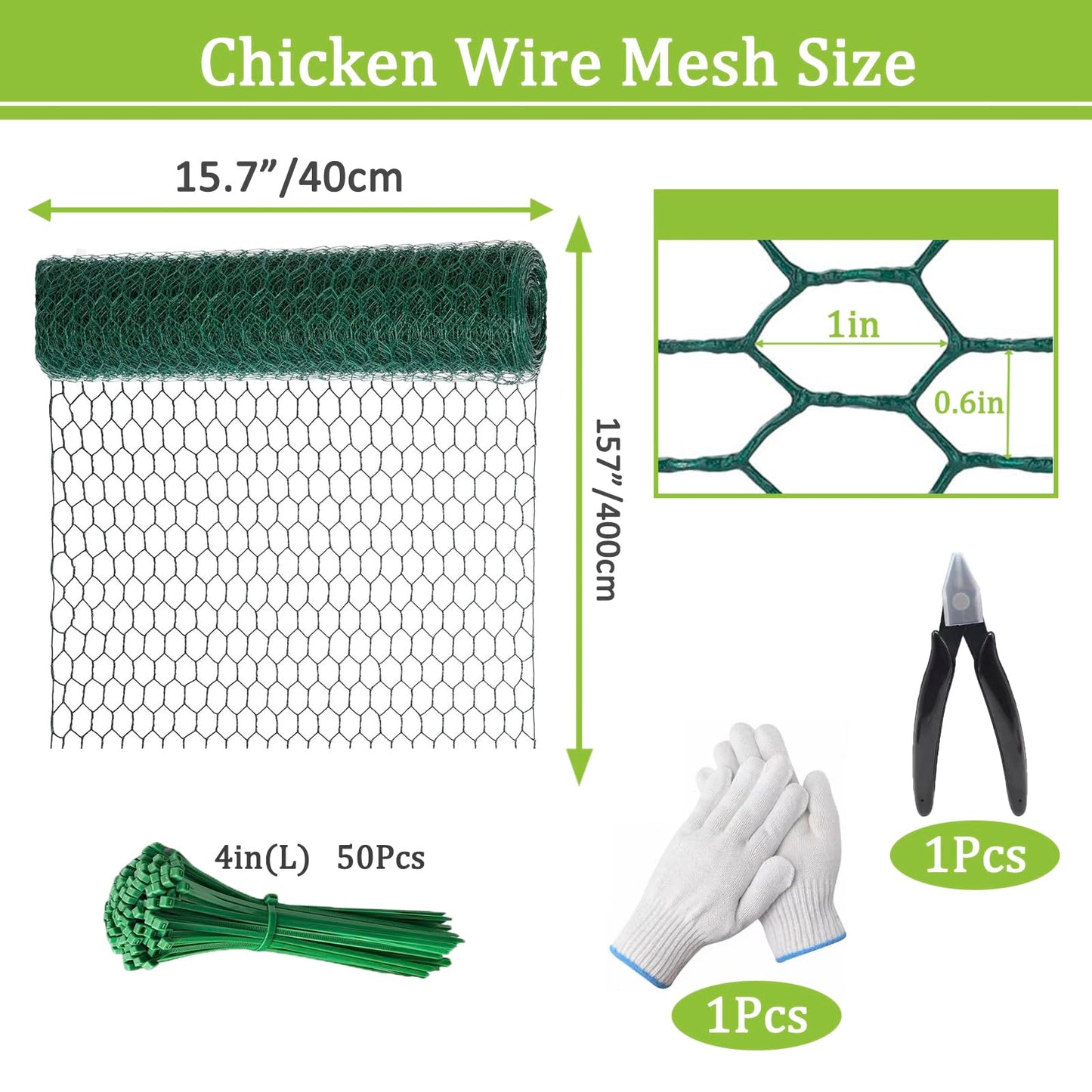 Floral Chicken Wire for Floral Arrangements for Reinforce Chicken Wire Fencing 15.7 x 157 Inch Hexagonal Galvanized Mesh Fence Includes Gloves Ties & Cutter
