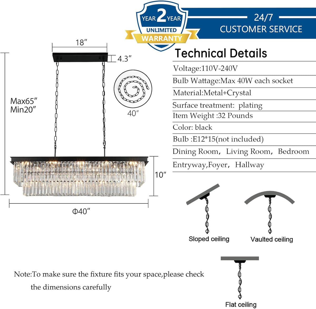 Crystal Chandeliers for Dining Room Light Fixtures Over Table，15-Lights Black Modern Rectangle Chandeliers for Kitchen Island Bar L40 Inch