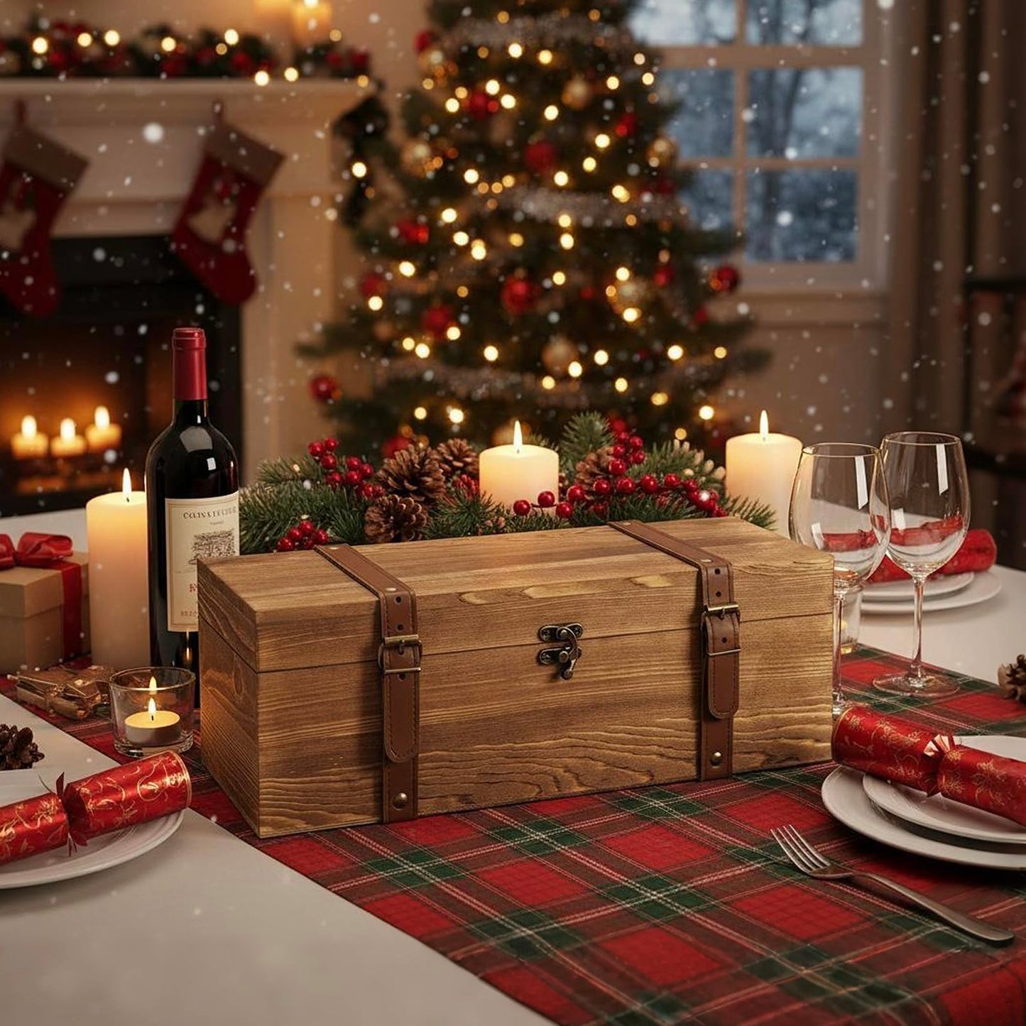 MyGift Wooden Wine Gift Box, Whiskey Box with Locking Latch & Leather Straps, for Christmas, Wedding Champagne, Beer,Vintage Rustic Brown, 14x5x5 Inches