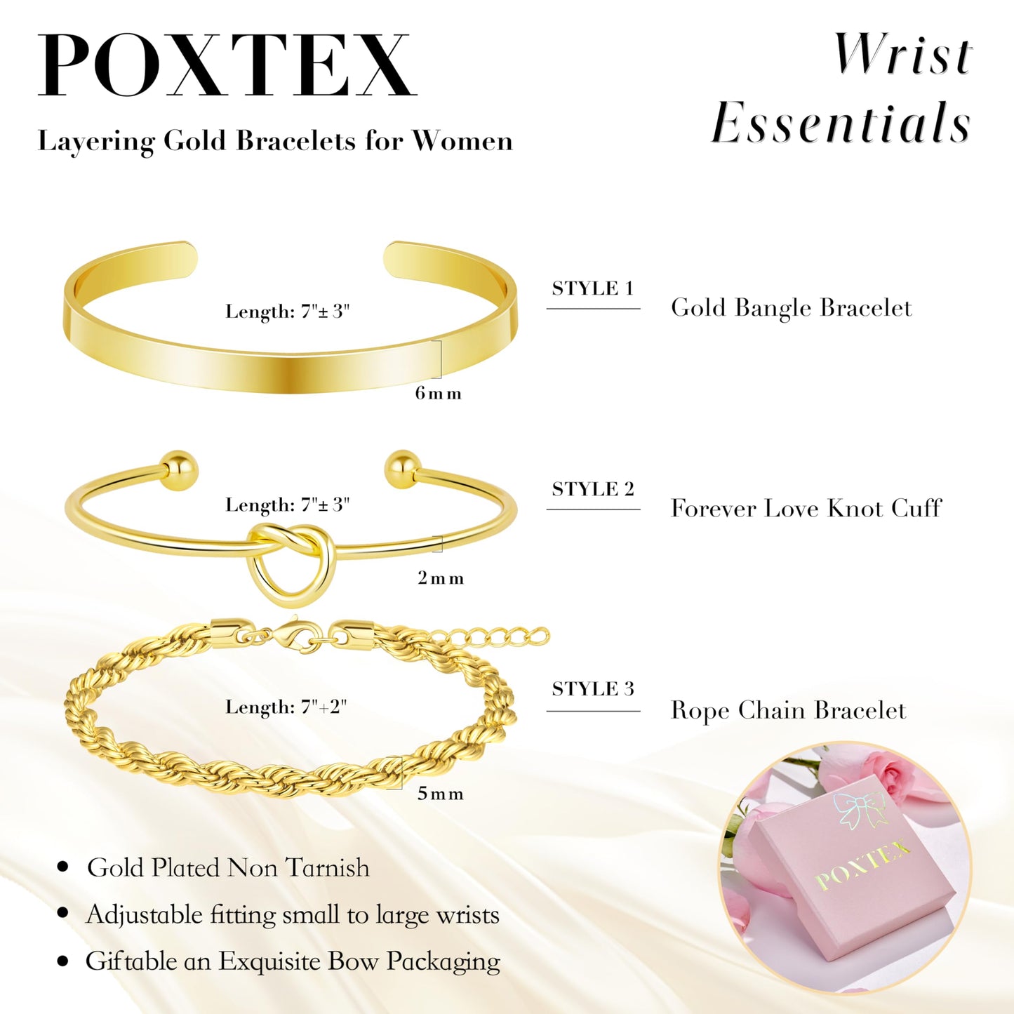 Poxtex Gold Bangle Bracelets Stack for Women, Gold Cuff Link Chain Bracelets, Trendy Waterproof Jewelry Gifts Adjustable