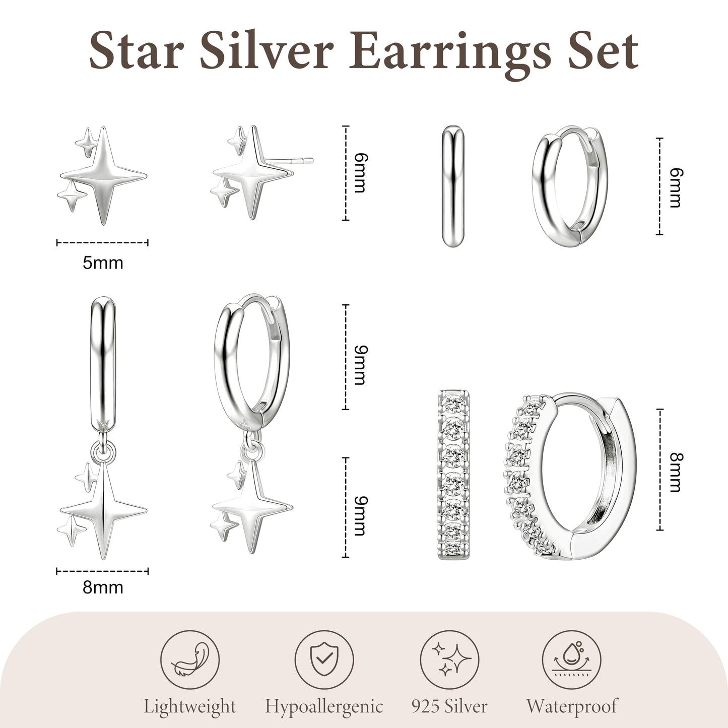 Silver Star Earrings for Women,Huggie Small Stack Cartilage Hoop Star Stud Earring Sets for Multiple Double Piercing, Conch Helix Rook Tragus Daith Piercing Silver Clip On Jewelry Set Gifts