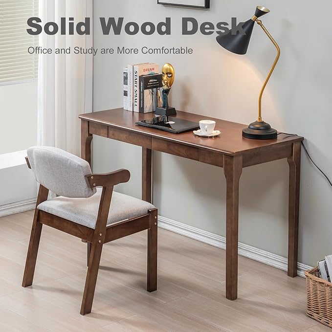 Solid Wood Desk, Gaming Study Home Office Desks for Work, Student PC Desk for Bedroom, Small Computer Desk for Small Spaces, Easy to Assemble (Walnut Color, 47inch)