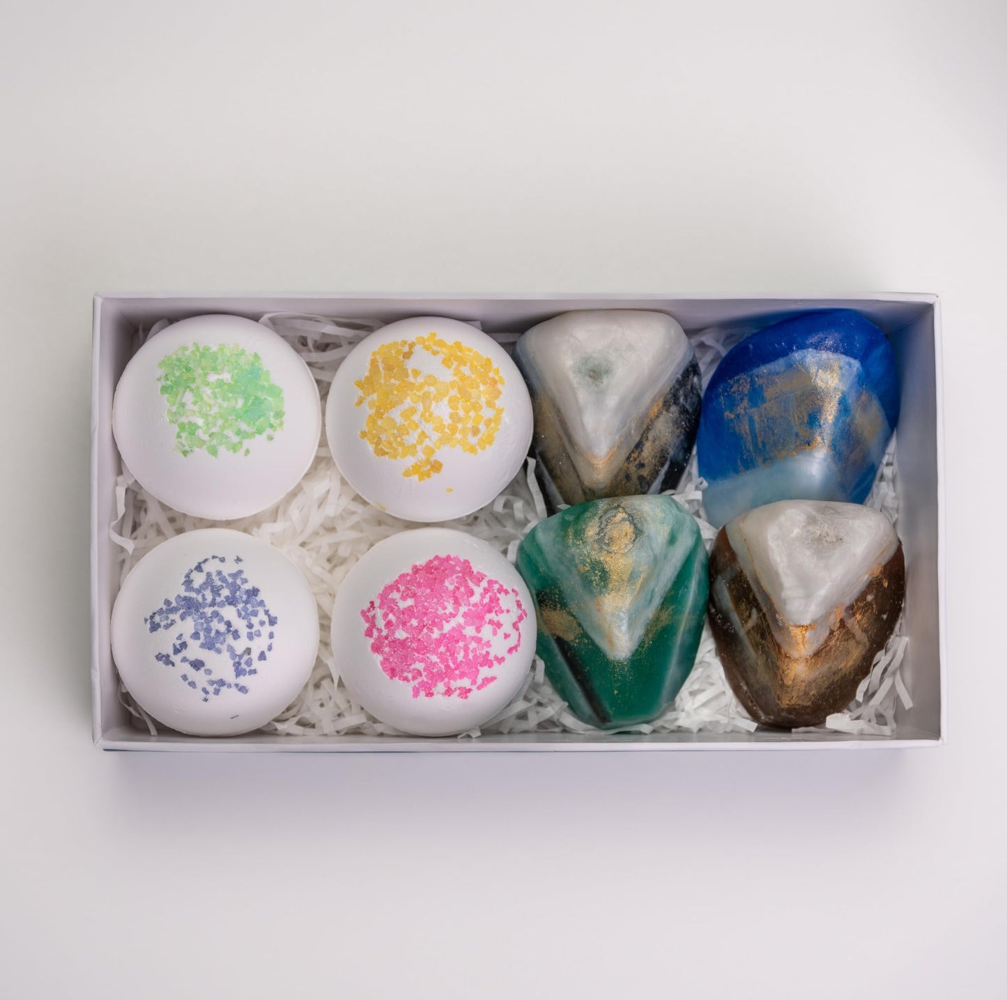 Gemstone Soap & Bath Bomb Set- Relaxing Spa Gift for women- Mothers day gift set- 4 Decorative scented Rock Soap with Crystals and 4 Fizzy Bath Bomb- with Natural Ingredients & Essential Oil