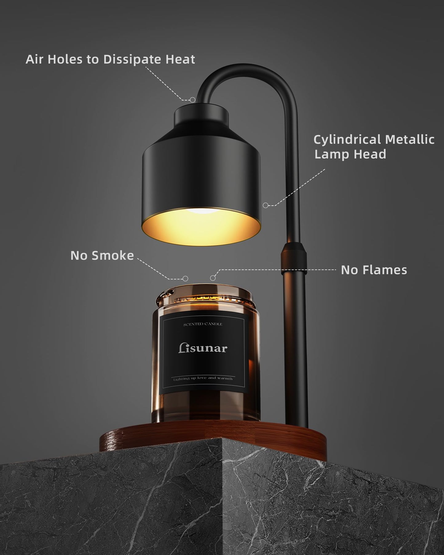 LISUNAR Electric Candle Warmer Lamp Black, Candle Lamp Warmer with Timer, Wax Warmer Lamp for Jar Candles, Adjustable Height Candle Light Warmer with 2 Bulbs